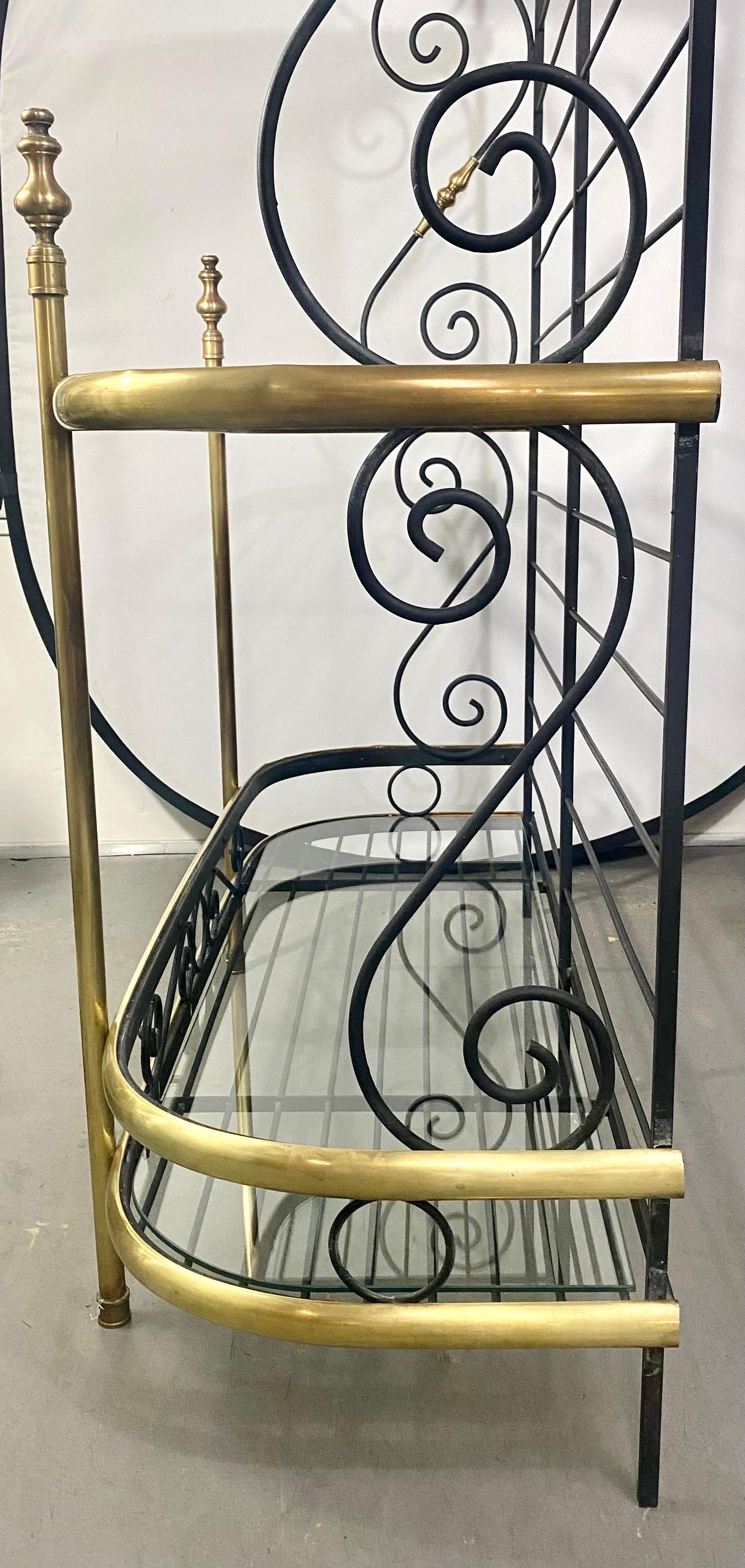 Hollywood Regency Baker's Rack or Shelf, Three-Tier Wrought Iron and Brass 1