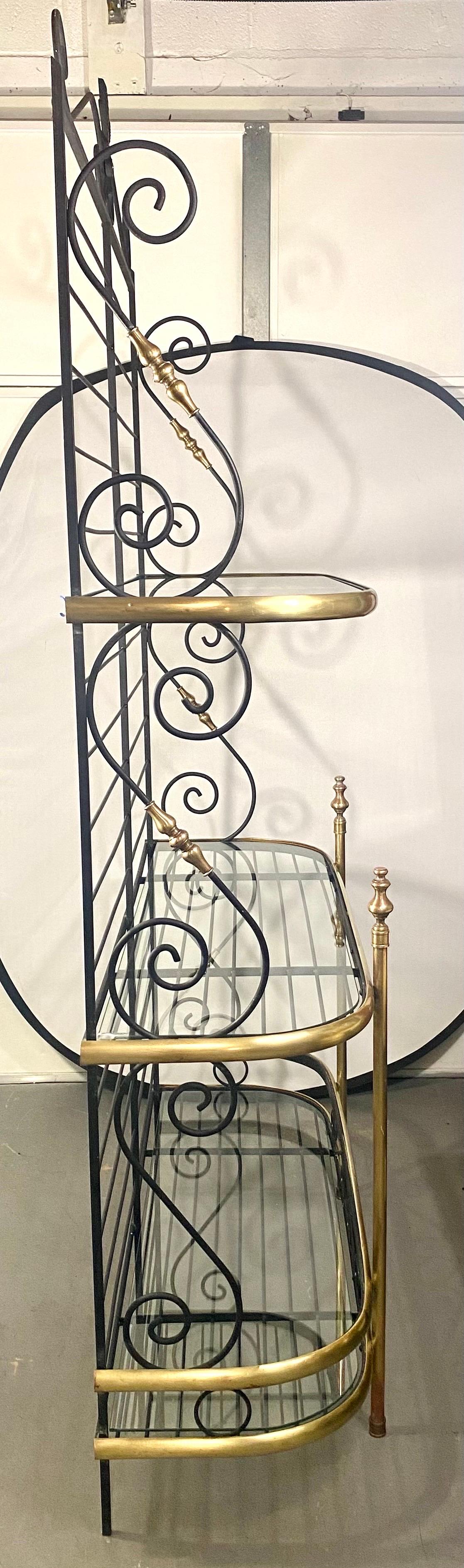 Hollywood Regency Baker's Rack or Shelf, Three-Tier Wrought Iron and Brass 2