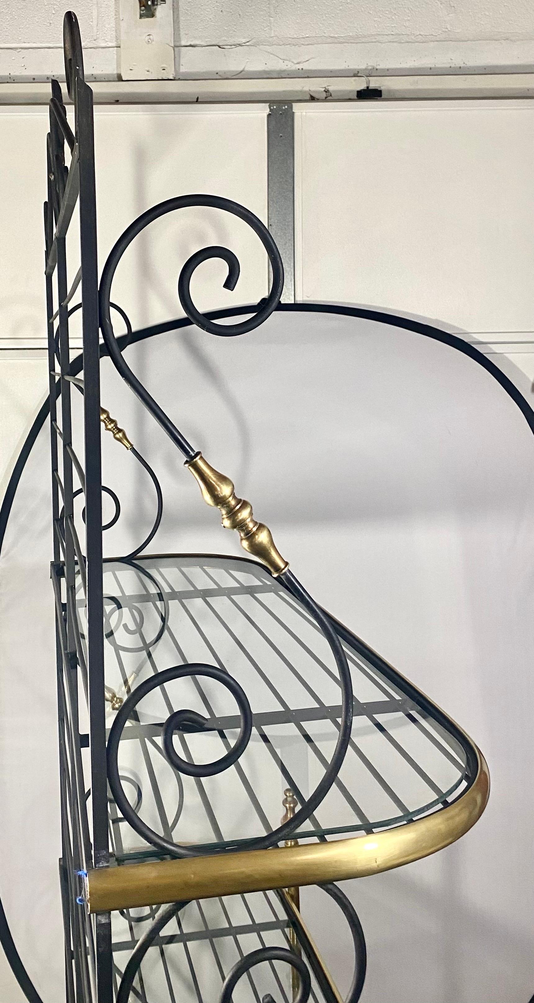 Hollywood Regency Baker's Rack or Shelf, Three-Tier Wrought Iron and Brass 3
