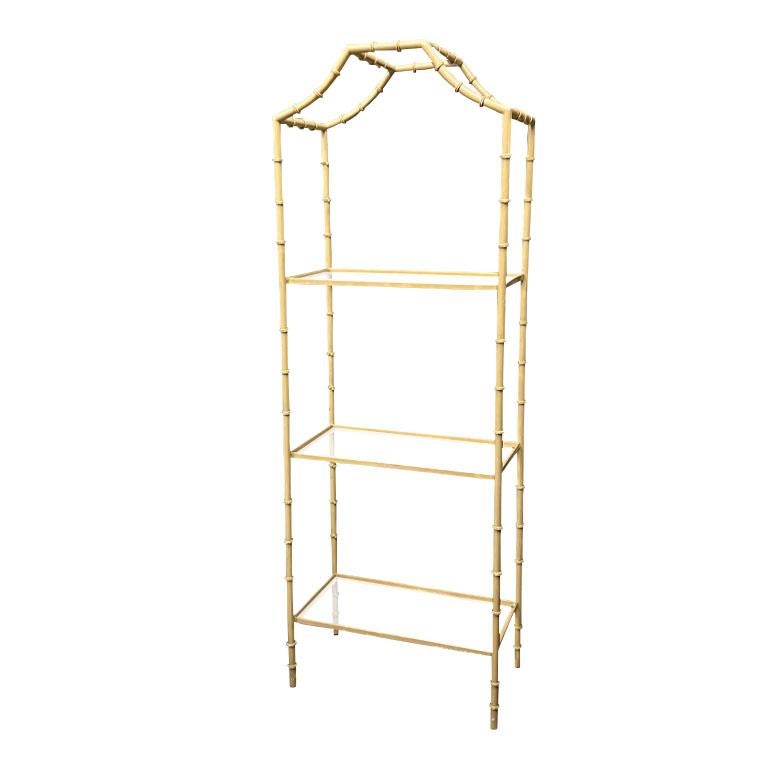 Metal Hollywood Regency Ballet Pink Faux Bamboo Pagoda Glass Bookcase Shelf or Etagere For Sale