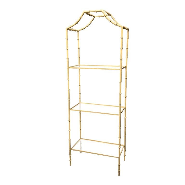 20th Century Hollywood Regency Ballet Pink Faux Bamboo Pagoda Glass Bookcase Shelf or Etagere