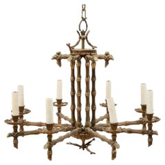 Hollywood Regency Bamboo Motif Bronze Chandelier With Eight Arms