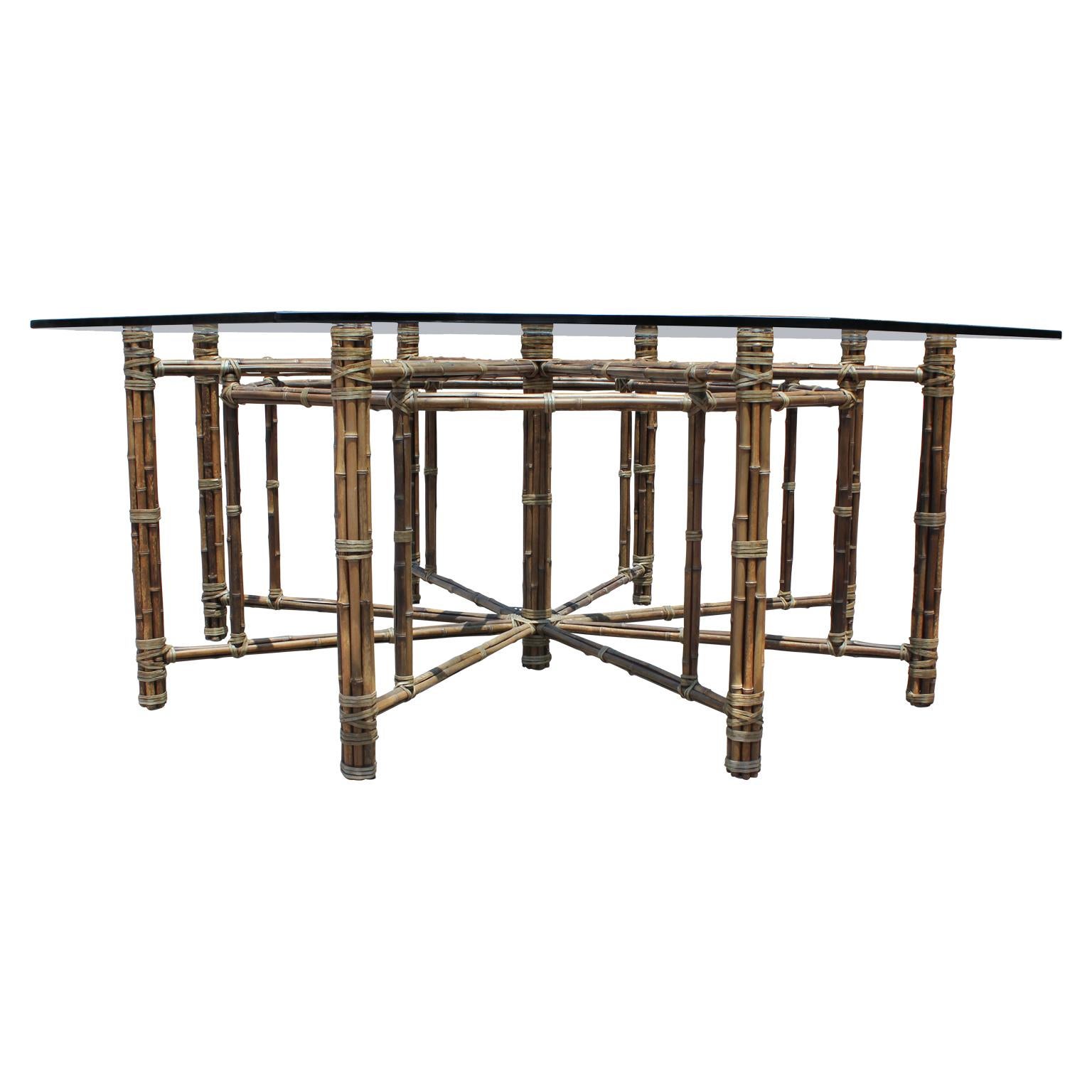 Hollywood Regency Bamboo Rattan and Glass Top Octagonal Dining Table by McGuire In Excellent Condition In Houston, TX