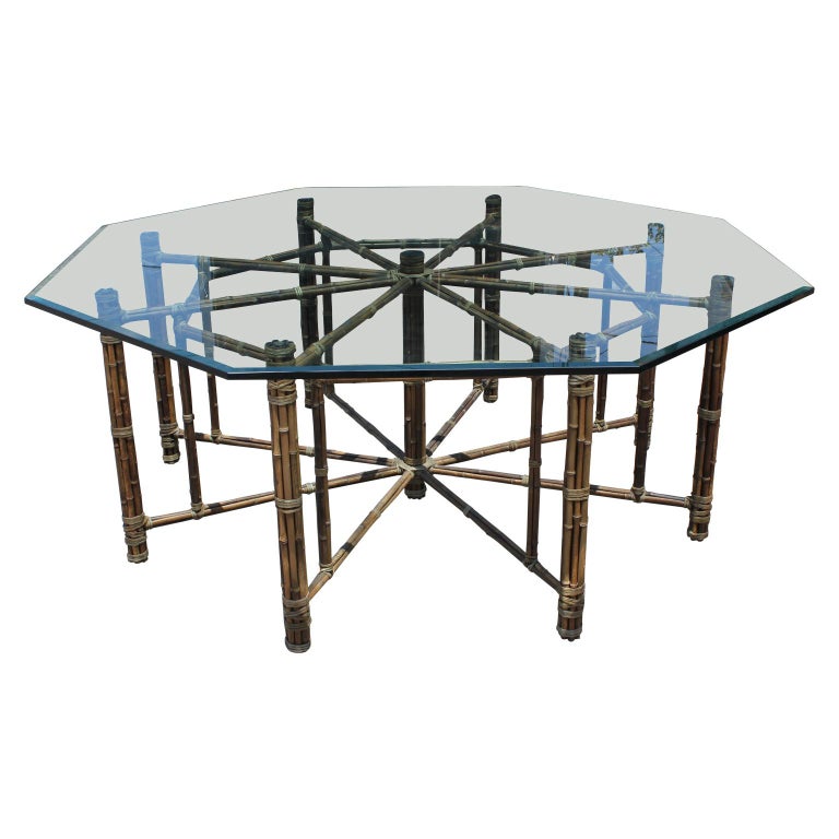 Hollywood Regency Bamboo Rattan and Glass Top Octagonal Dining Table by