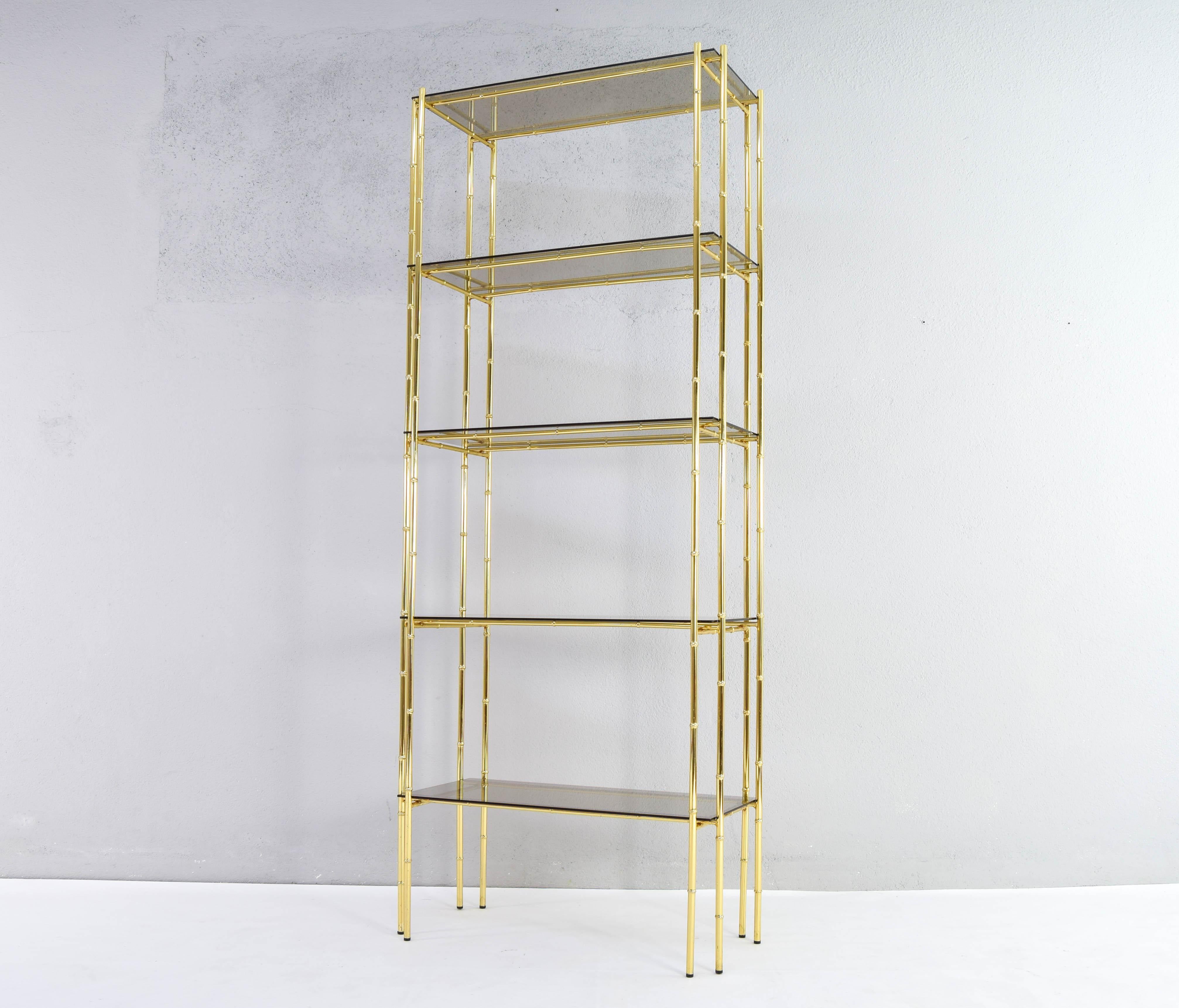 Hollywood Regency Bamboo Shelf Gold Plated and Smoked Glass, Manises Spain 70s 6
