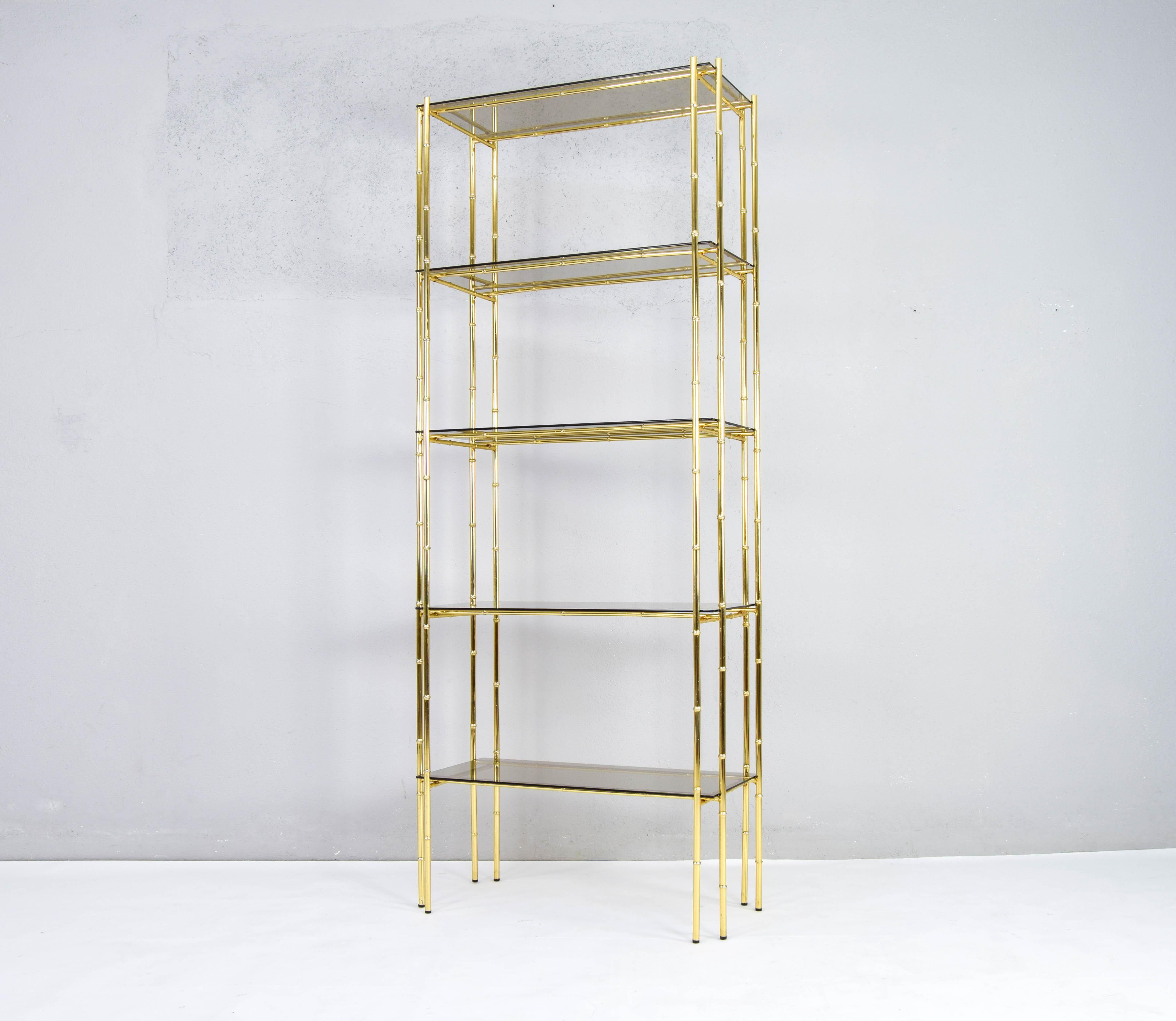 Hollywood Regency Bamboo Shelf Gold Plated and Smoked Glass, Manises Spain 70s In Good Condition In Escalona, Toledo