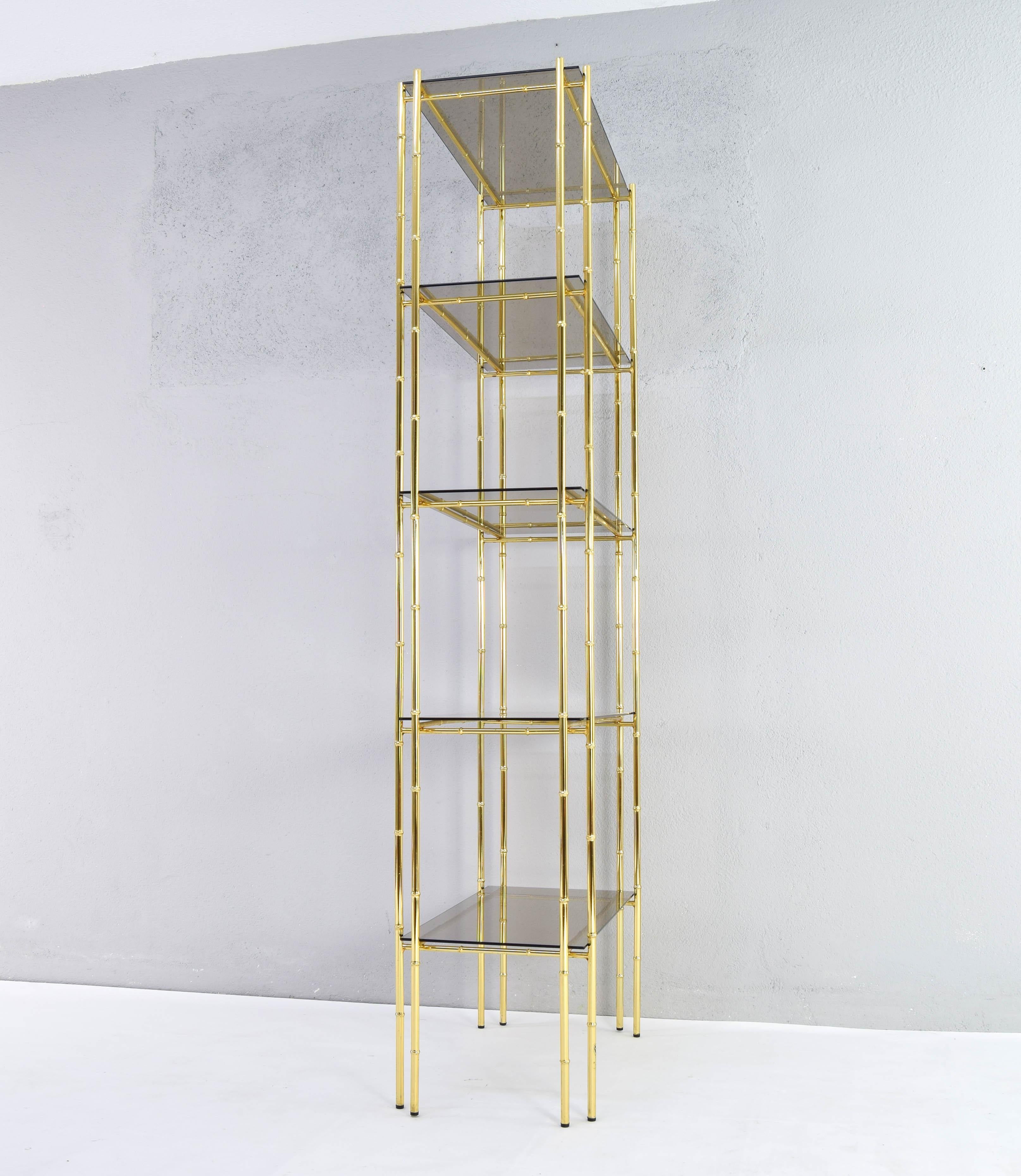 Late 20th Century Hollywood Regency Bamboo Shelf Gold Plated and Smoked Glass, Manises Spain 70s