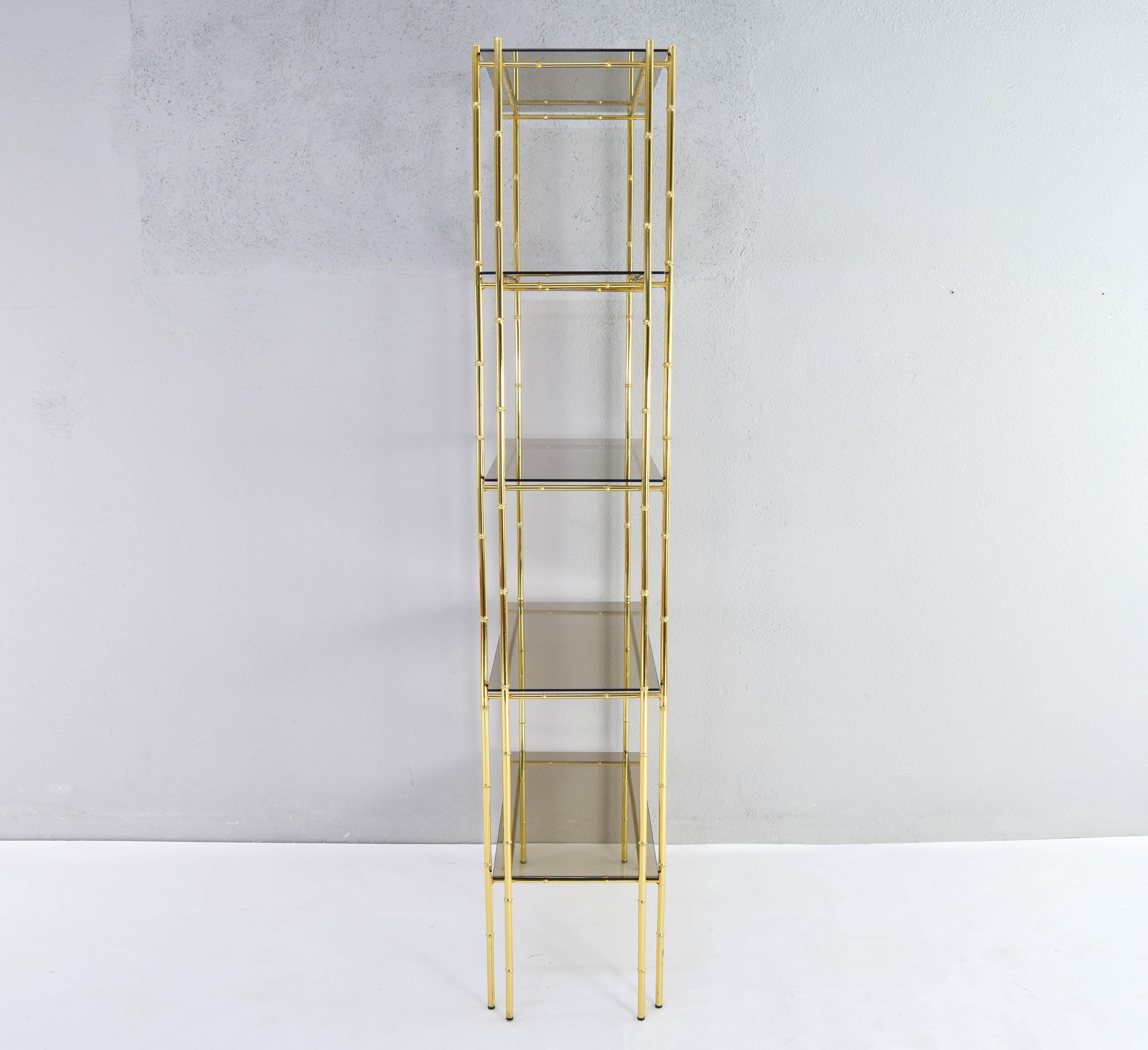 Hollywood Regency Bamboo Shelf Gold Plated and Smoked Glass, Manises Spain 70s 2