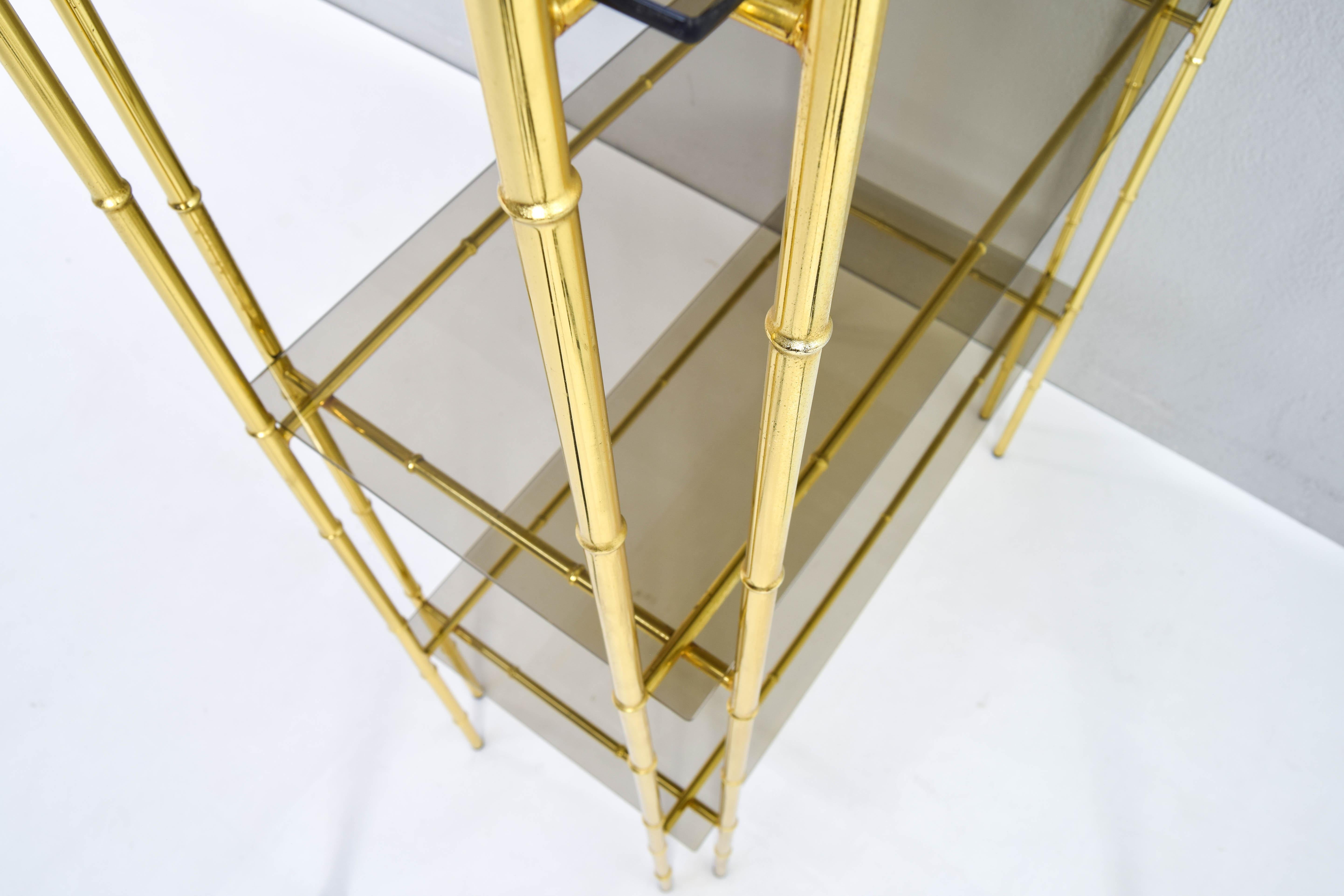 Hollywood Regency Bamboo Shelf Gold Plated and Smoked Glass, Manises Spain 70s 3