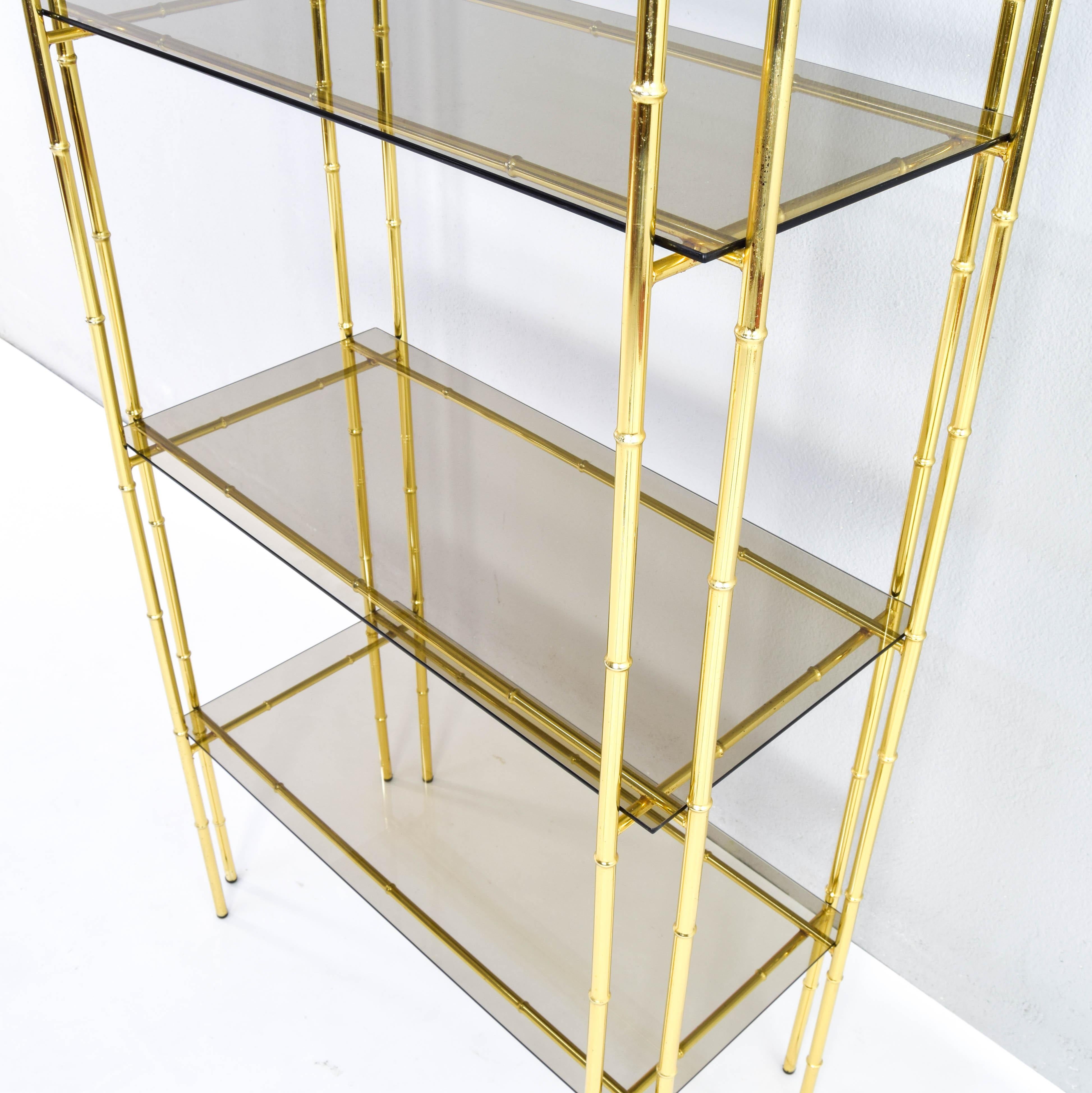 Hollywood Regency Bamboo Shelf Gold Plated and Smoked Glass, Manises Spain 70s 4