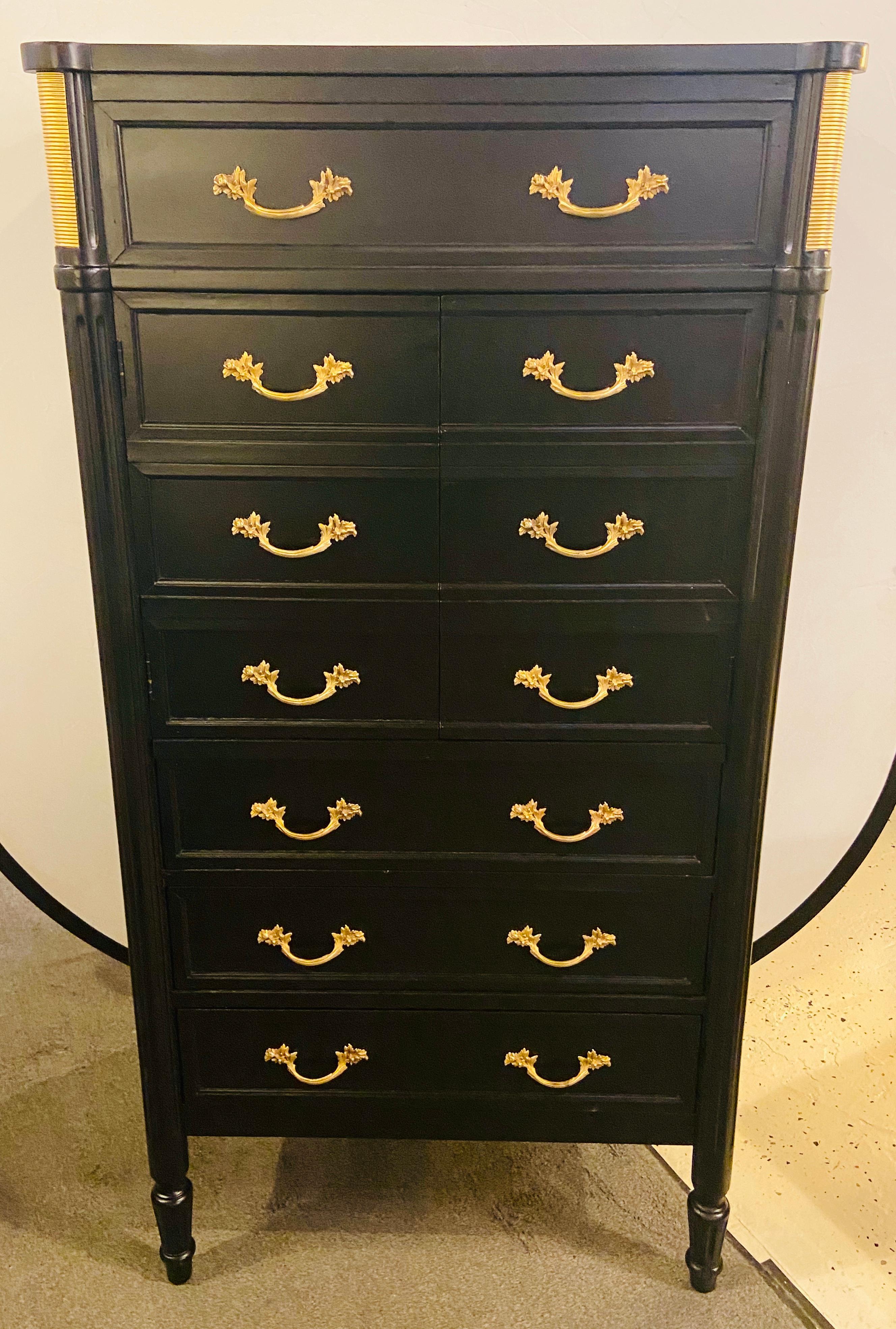 Mid-20th Century Maison Jansen Style Hollywood Regency Ebony & Brass Two-Door Bar and Tall Chest  For Sale