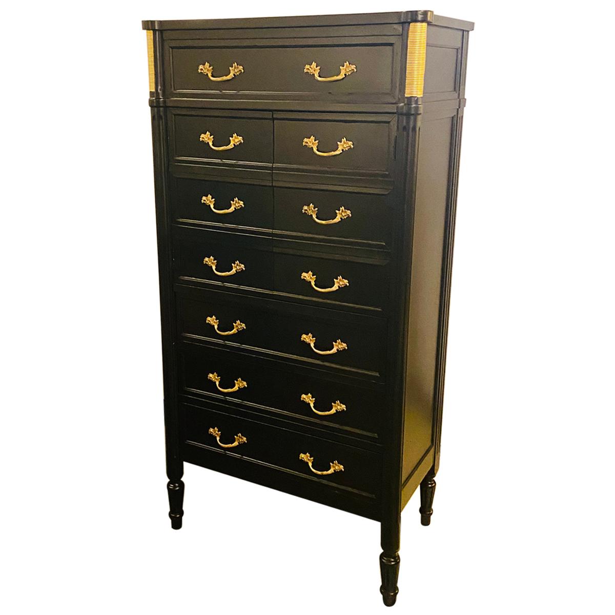 Maison Jansen Style Hollywood Regency Ebony & Brass Two-Door Bar and Tall Chest 