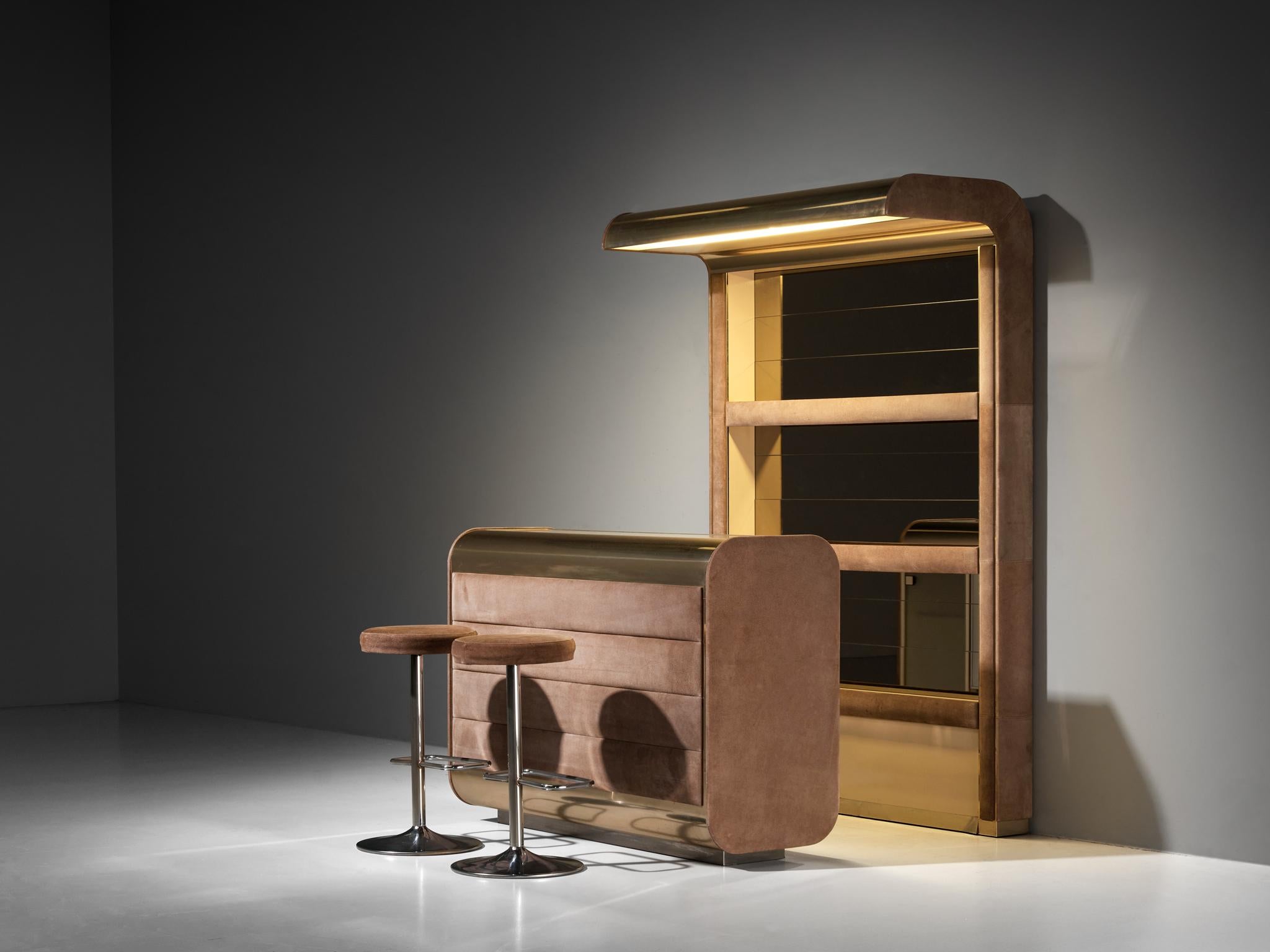 Italian Hollywood Regency Bar and Stools in the Style of Willy Rizzo Brass Suede For Sale