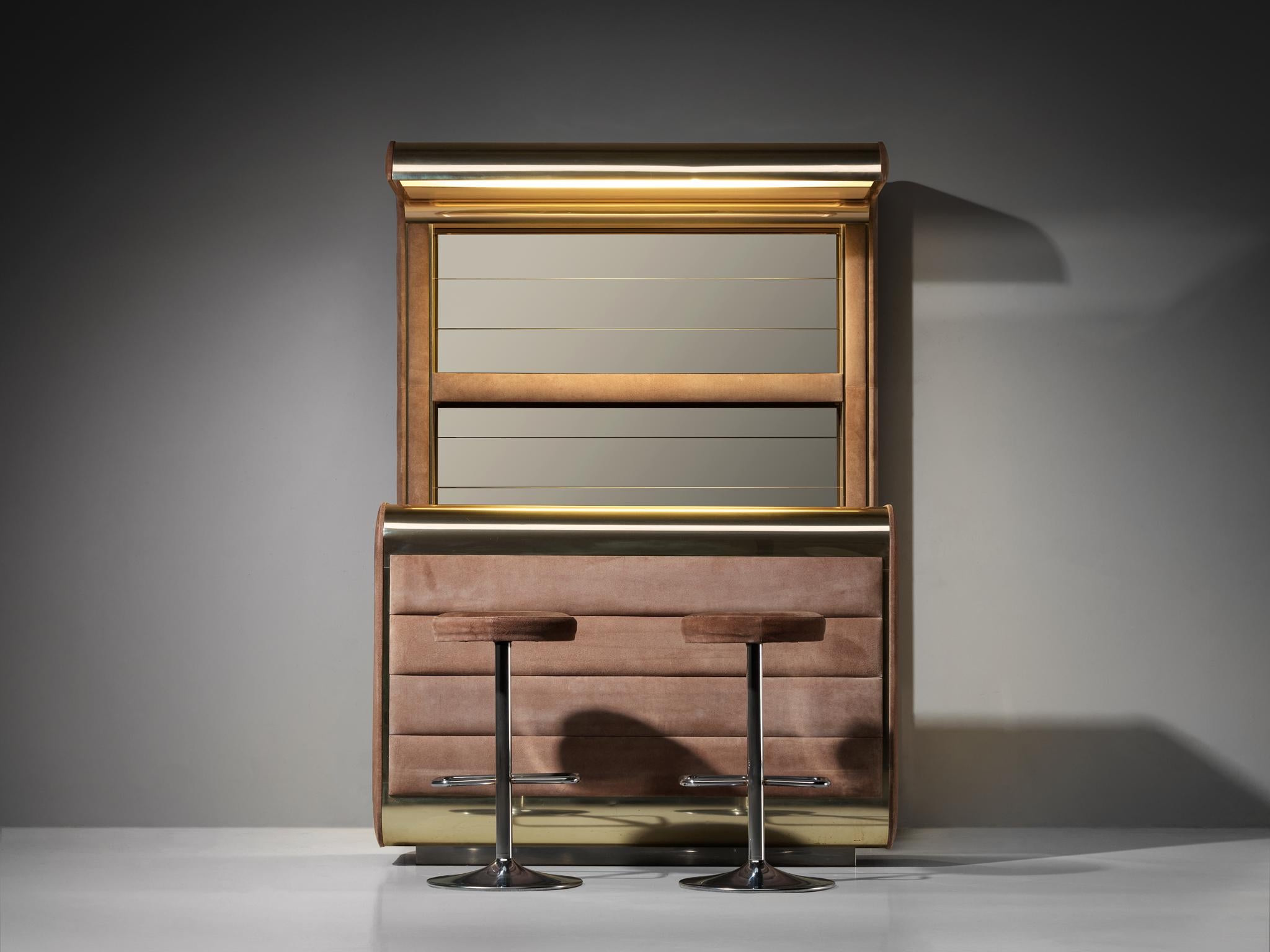 Late 20th Century Hollywood Regency Bar and Stools in the Style of Willy Rizzo Brass Suede For Sale