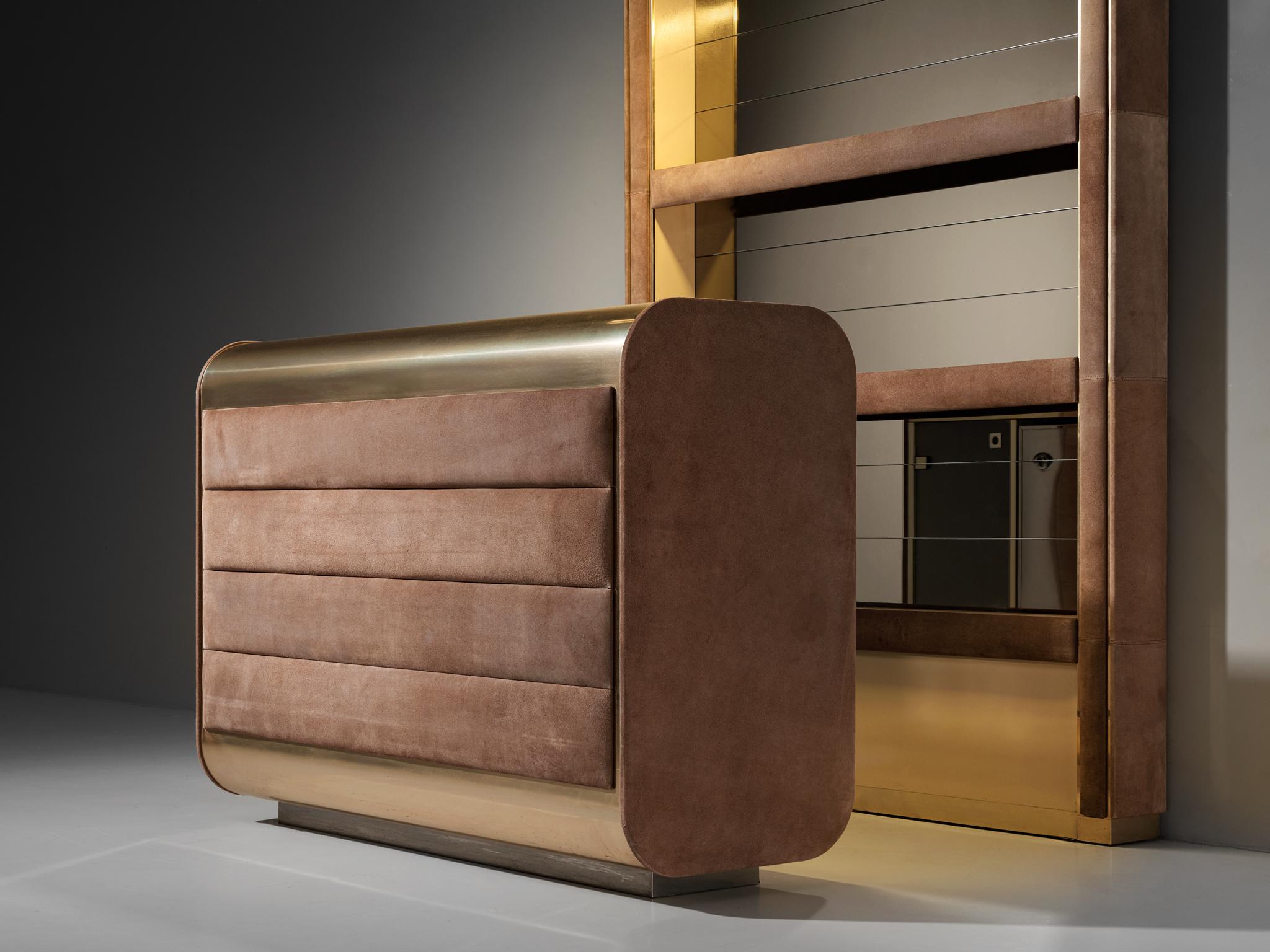 Hollywood Regency Bar and Stools in the Style of Willy Rizzo Brass Suede For Sale 2