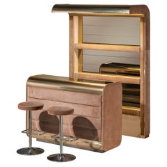 Hollywood Regency Bar and Stools in the Style of Willy Rizzo Brass Suede
