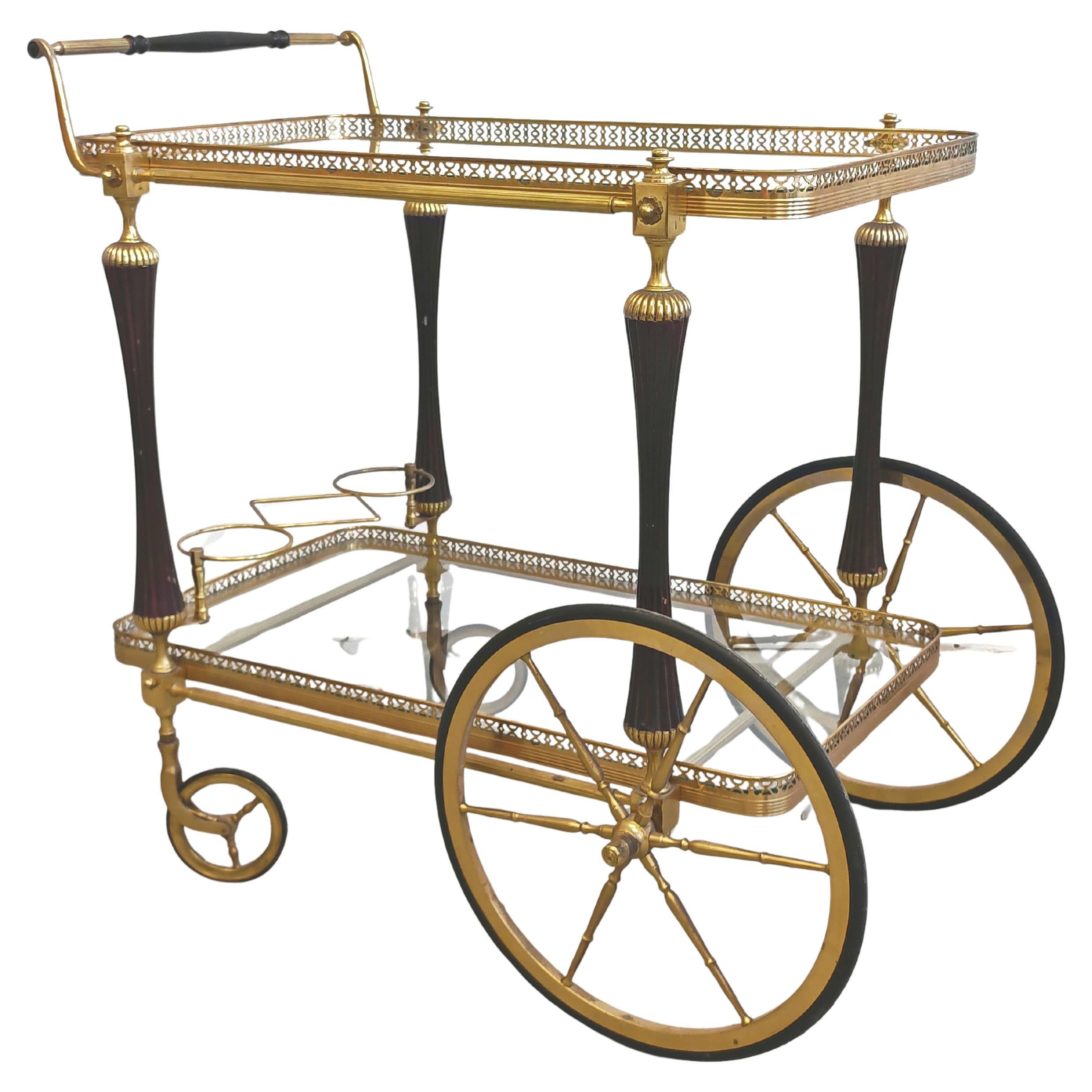 Hollywood Regency Bar Cart in Brass and Mahogany, France 1940s