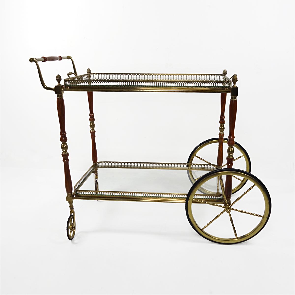 Mid-20th Century Hollywood Regency Bar Cart Made of Brass and Mahogany by Maison Jansen For Sale