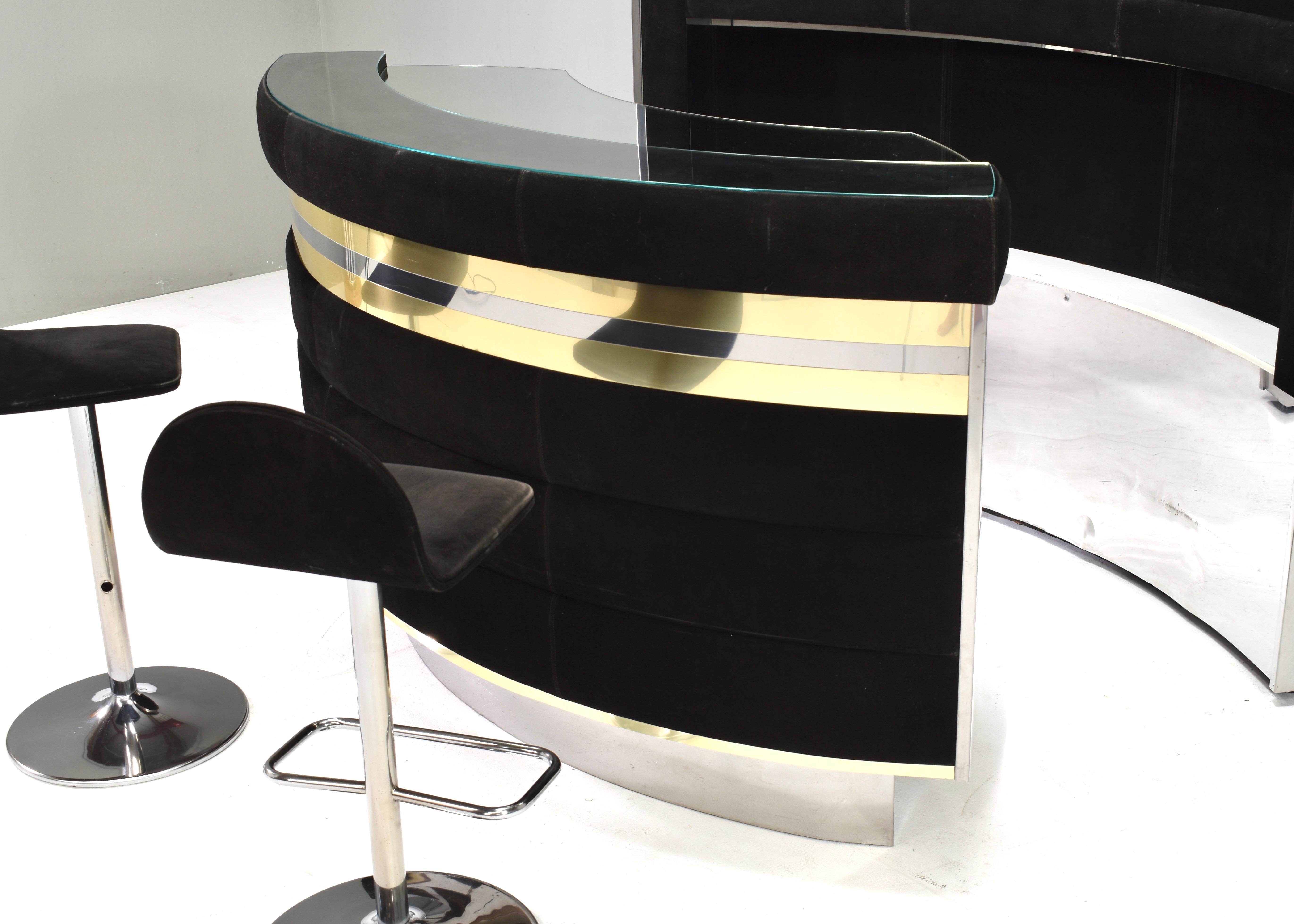 Hollywood Regency Bar in the style of Willy Rizzo Black Suede Brass Chrome 1970s For Sale 4