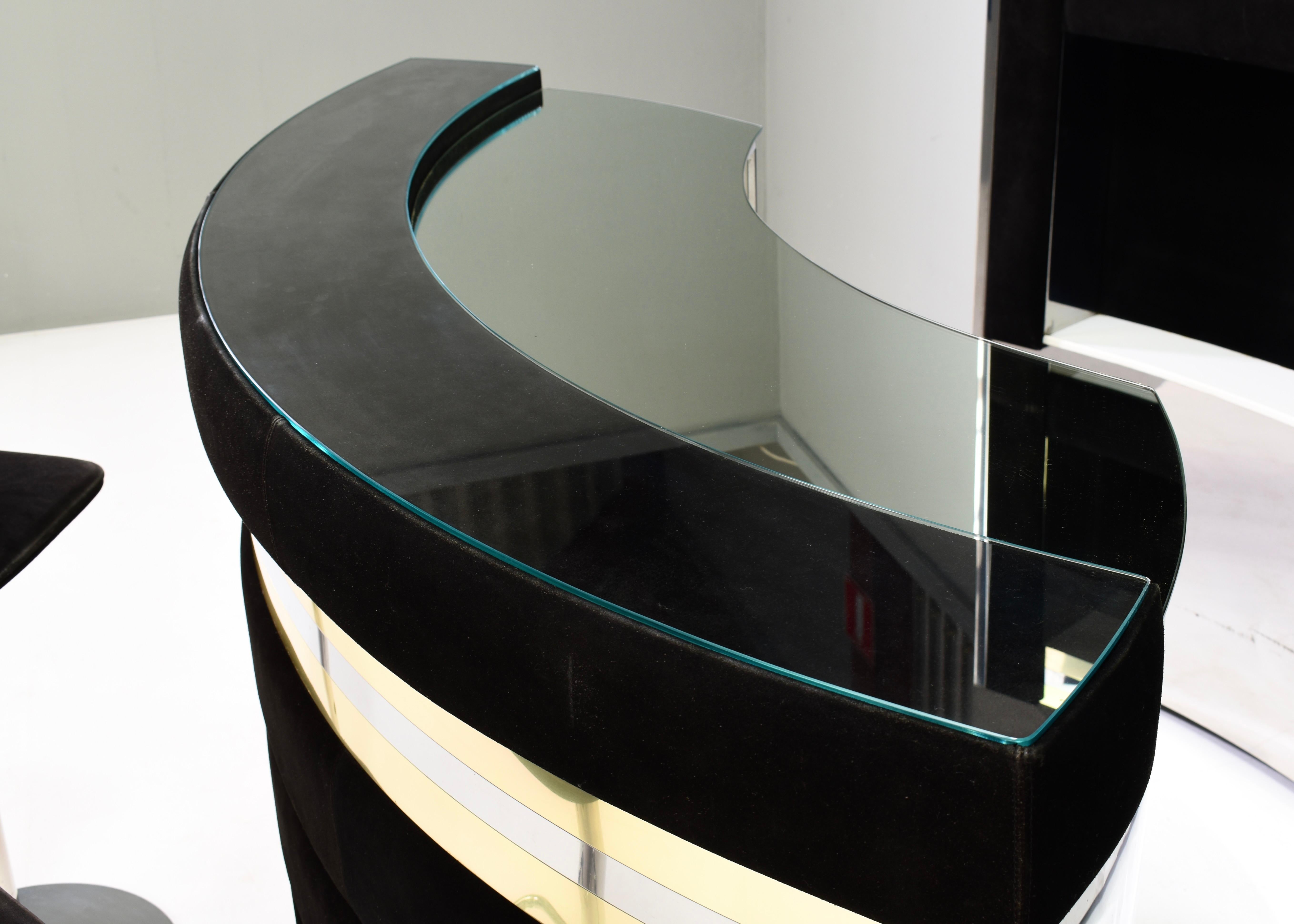 Hollywood Regency Bar in the style of Willy Rizzo Black Suede Brass Chrome 1970s For Sale 6