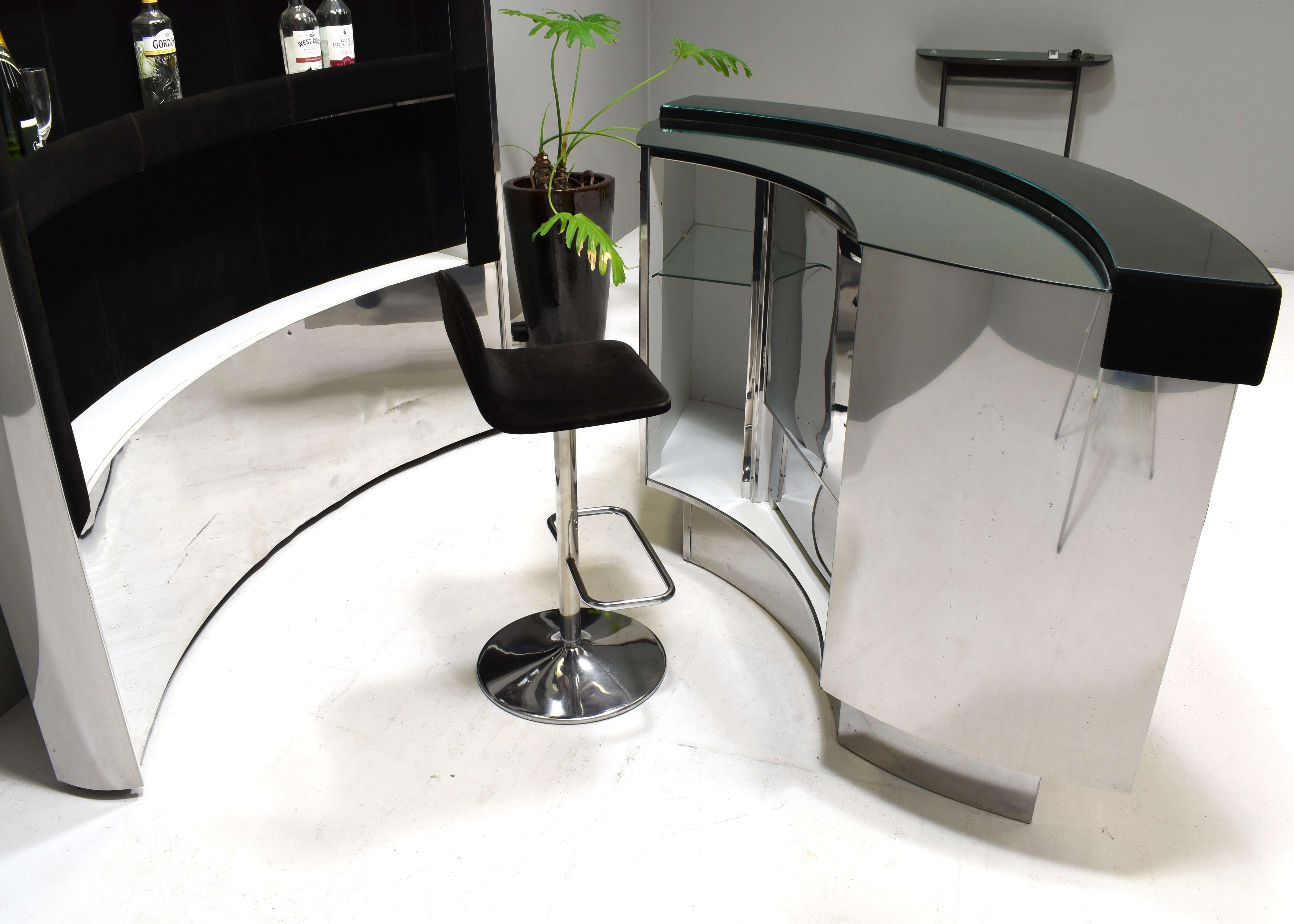 Hollywood Regency Bar in the style of Willy Rizzo Black Suede Brass Chrome 1970s For Sale 7