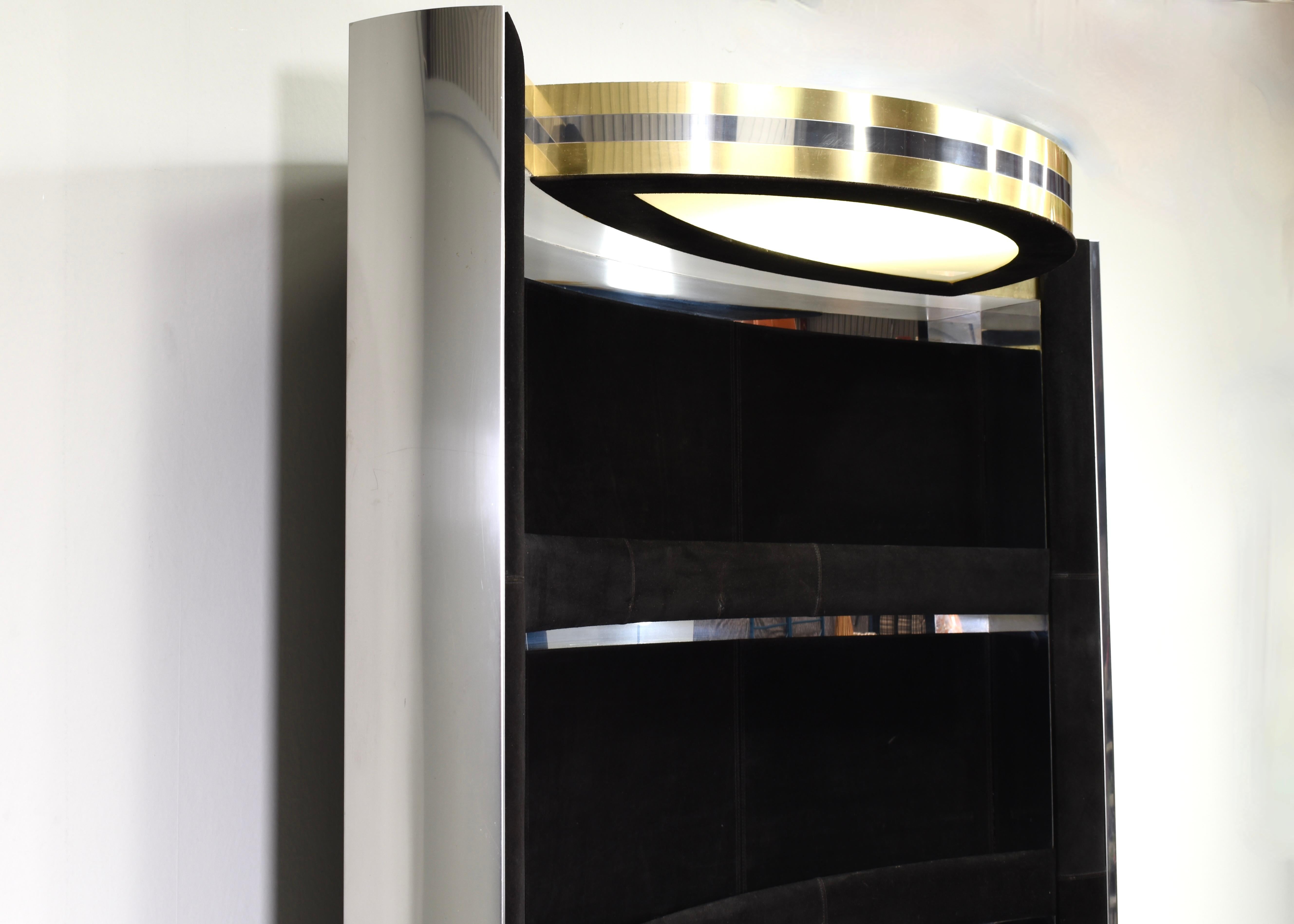 Hollywood Regency Bar in the style of Willy Rizzo Black Suede Brass Chrome 1970s For Sale 11