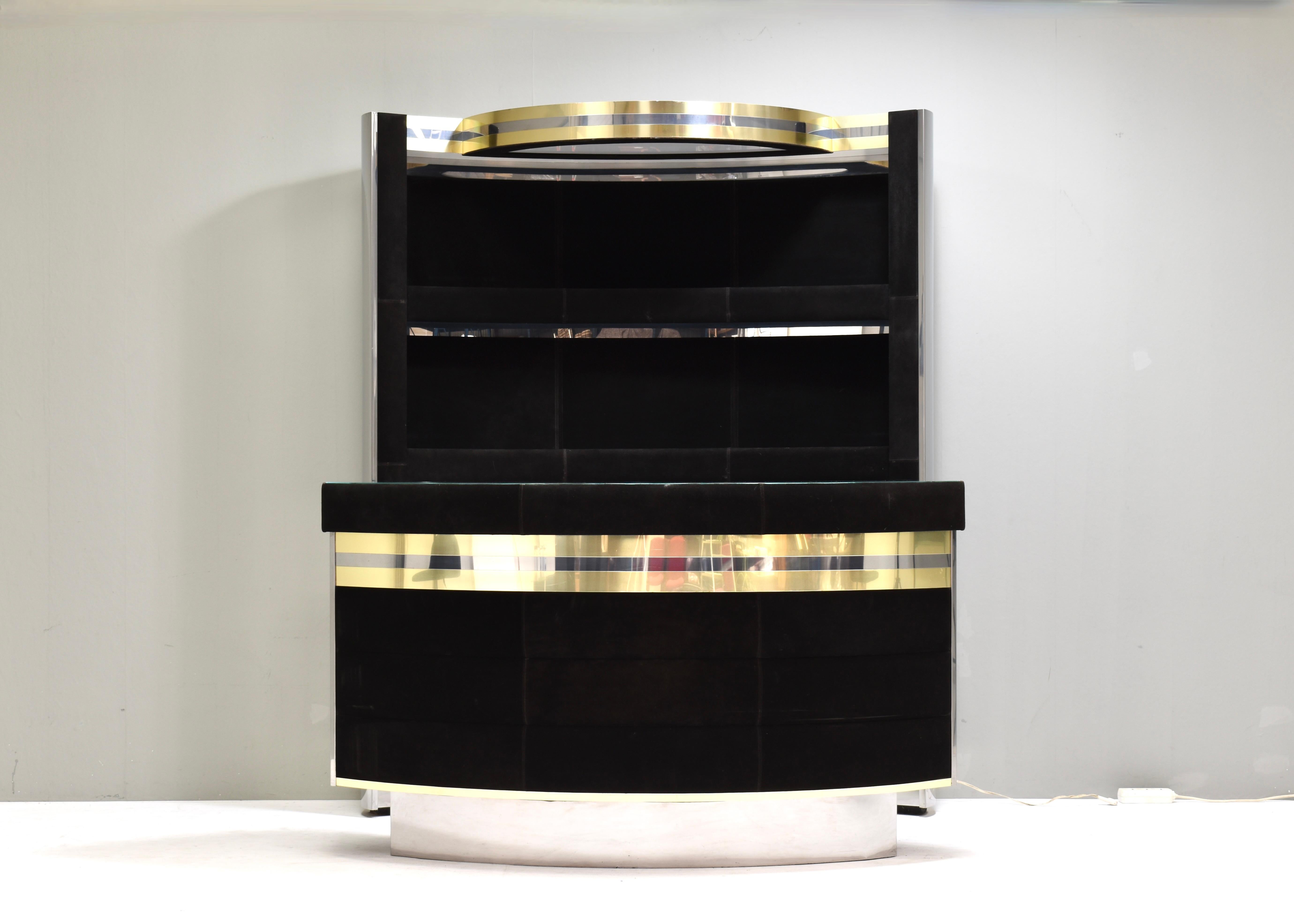 Mid-Century Modern Hollywood Regency Bar in the style of Willy Rizzo Black Suede Brass Chrome 1970s For Sale
