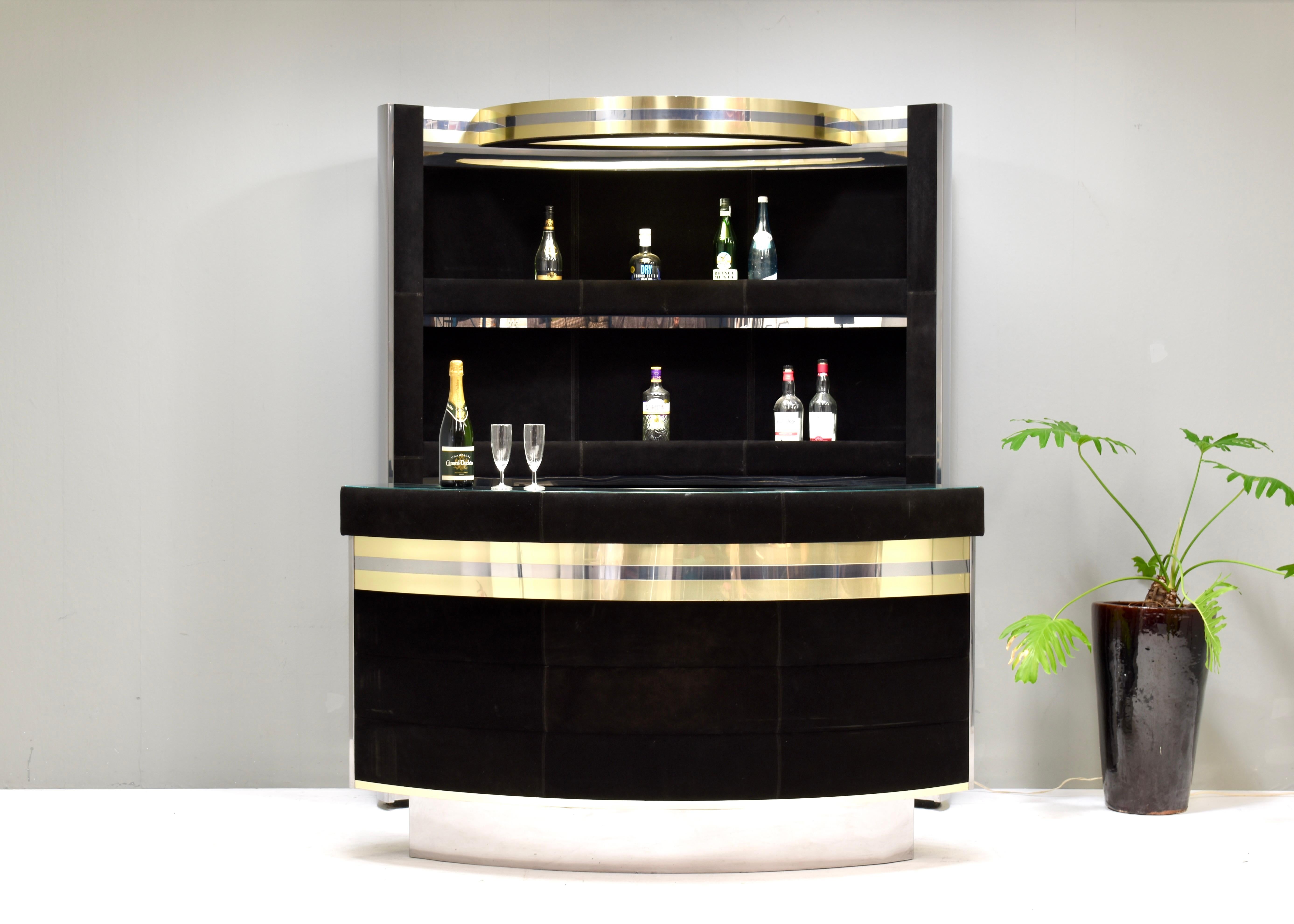 Italian Hollywood Regency Bar in the style of Willy Rizzo Black Suede Brass Chrome 1970s For Sale