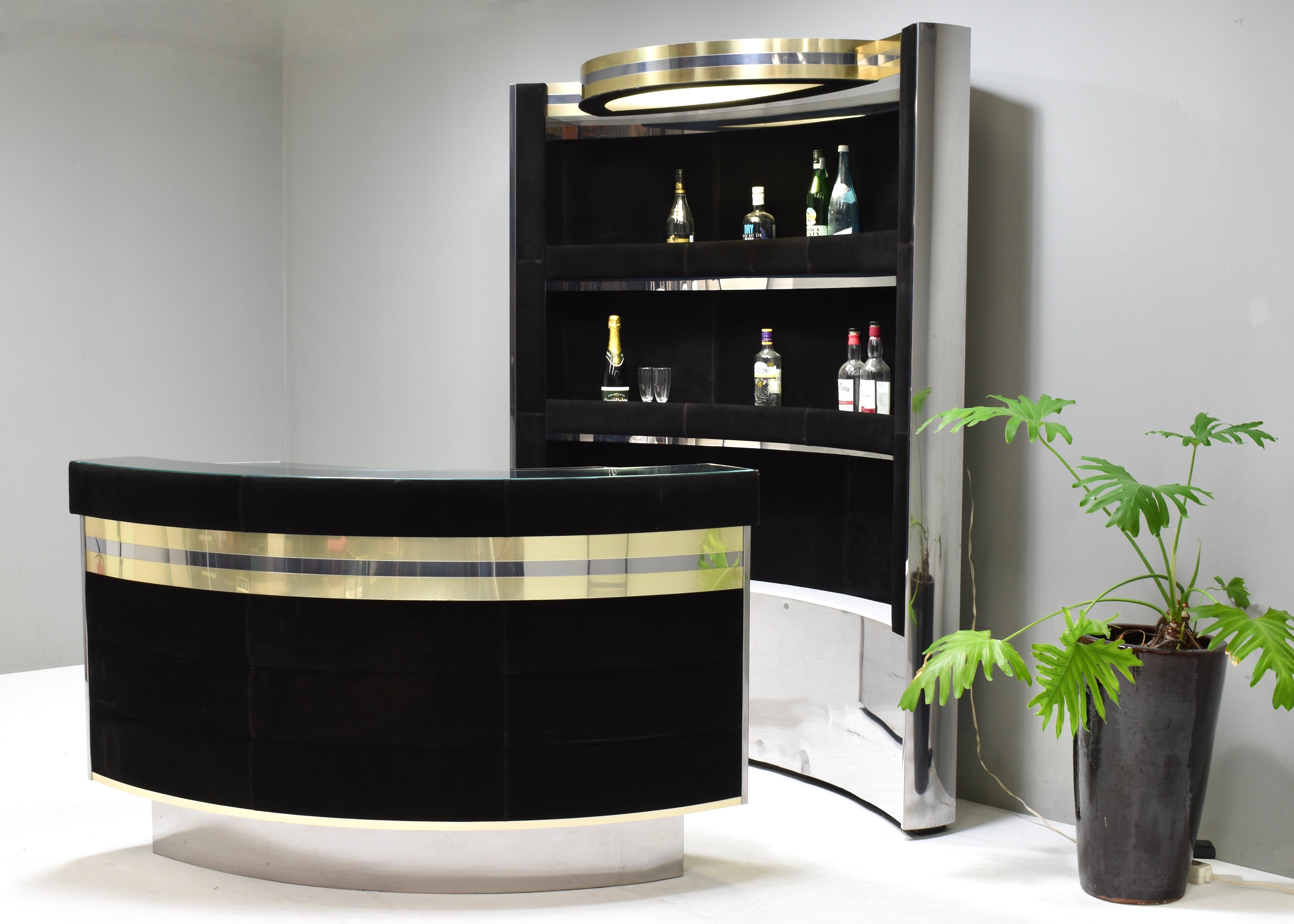 Late 20th Century Hollywood Regency Bar in the style of Willy Rizzo Black Suede Brass Chrome 1970s For Sale