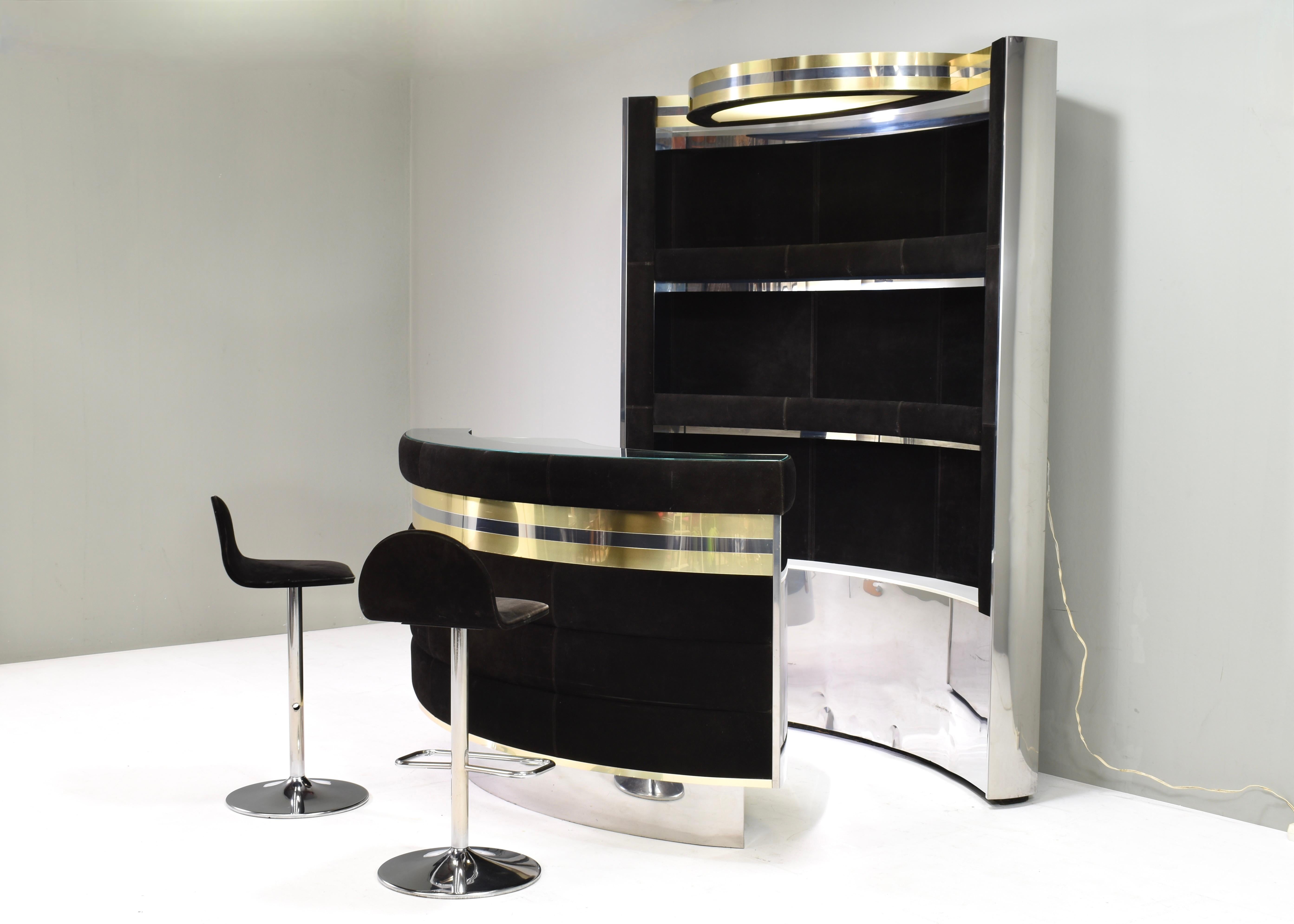 Hollywood Regency Bar in the style of Willy Rizzo Black Suede Brass Chrome 1970s For Sale 1