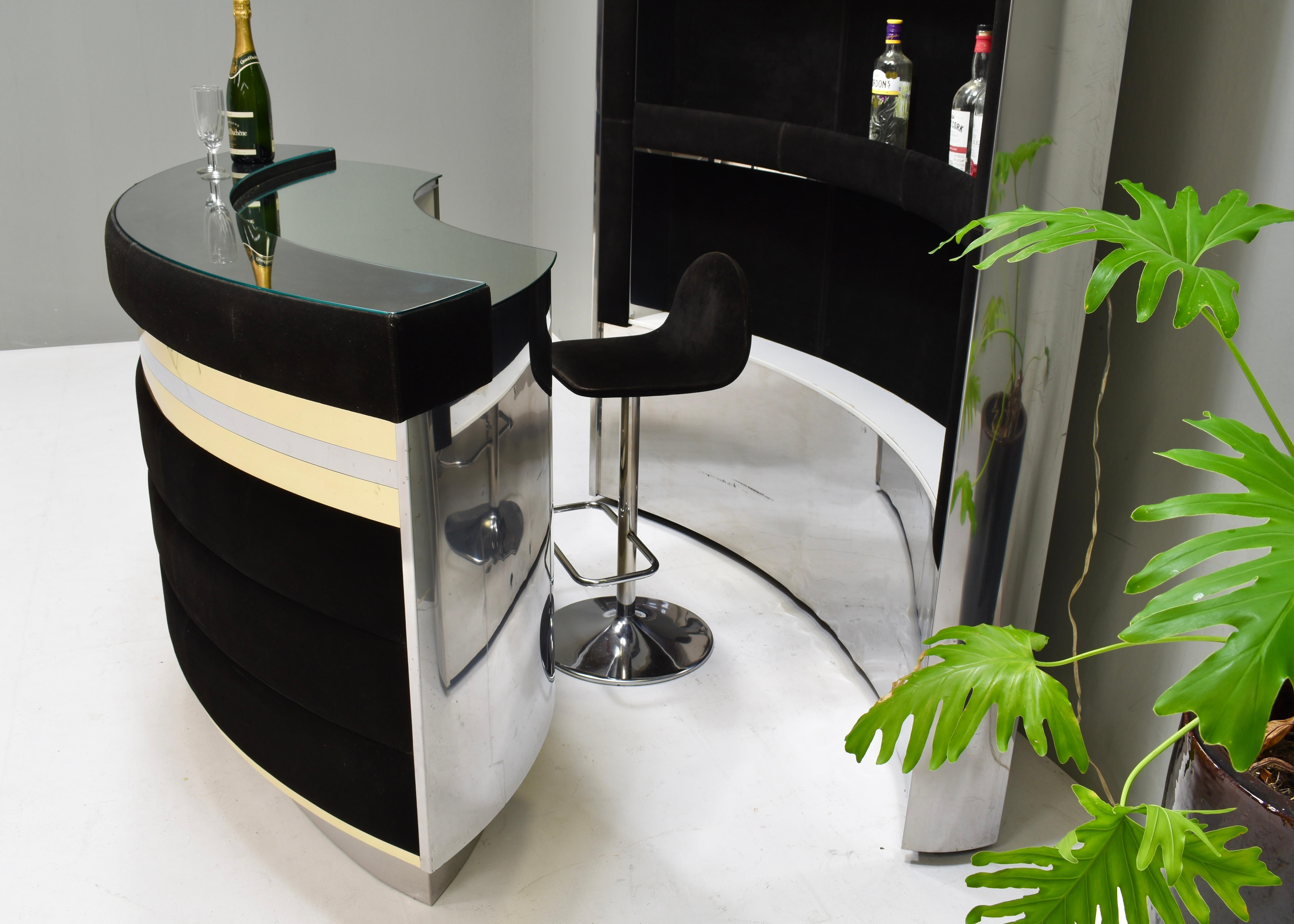 Hollywood Regency Bar in the style of Willy Rizzo Black Suede Brass Chrome 1970s For Sale 2