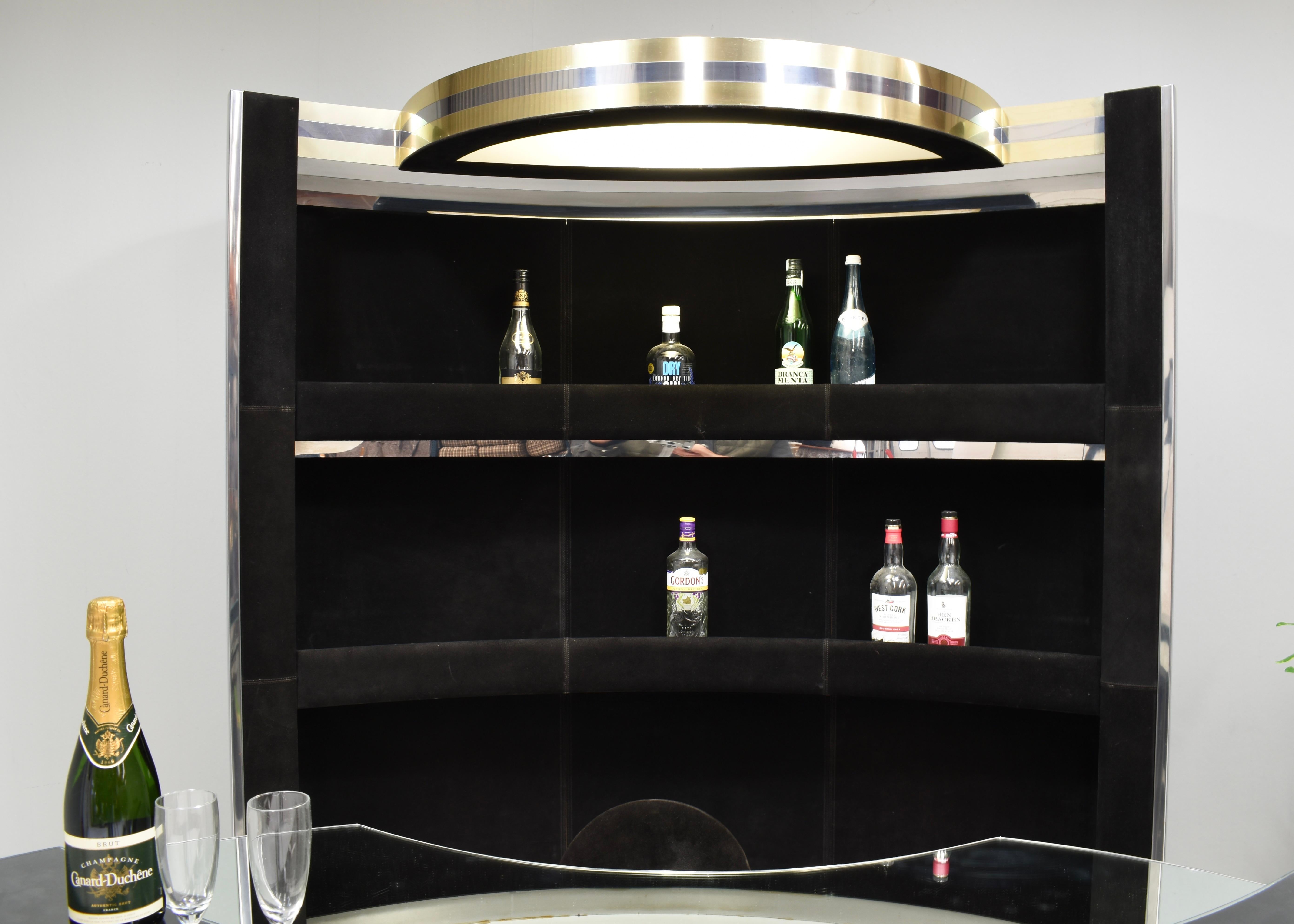 Hollywood Regency Bar in the style of Willy Rizzo Black Suede Brass Chrome 1970s For Sale 3