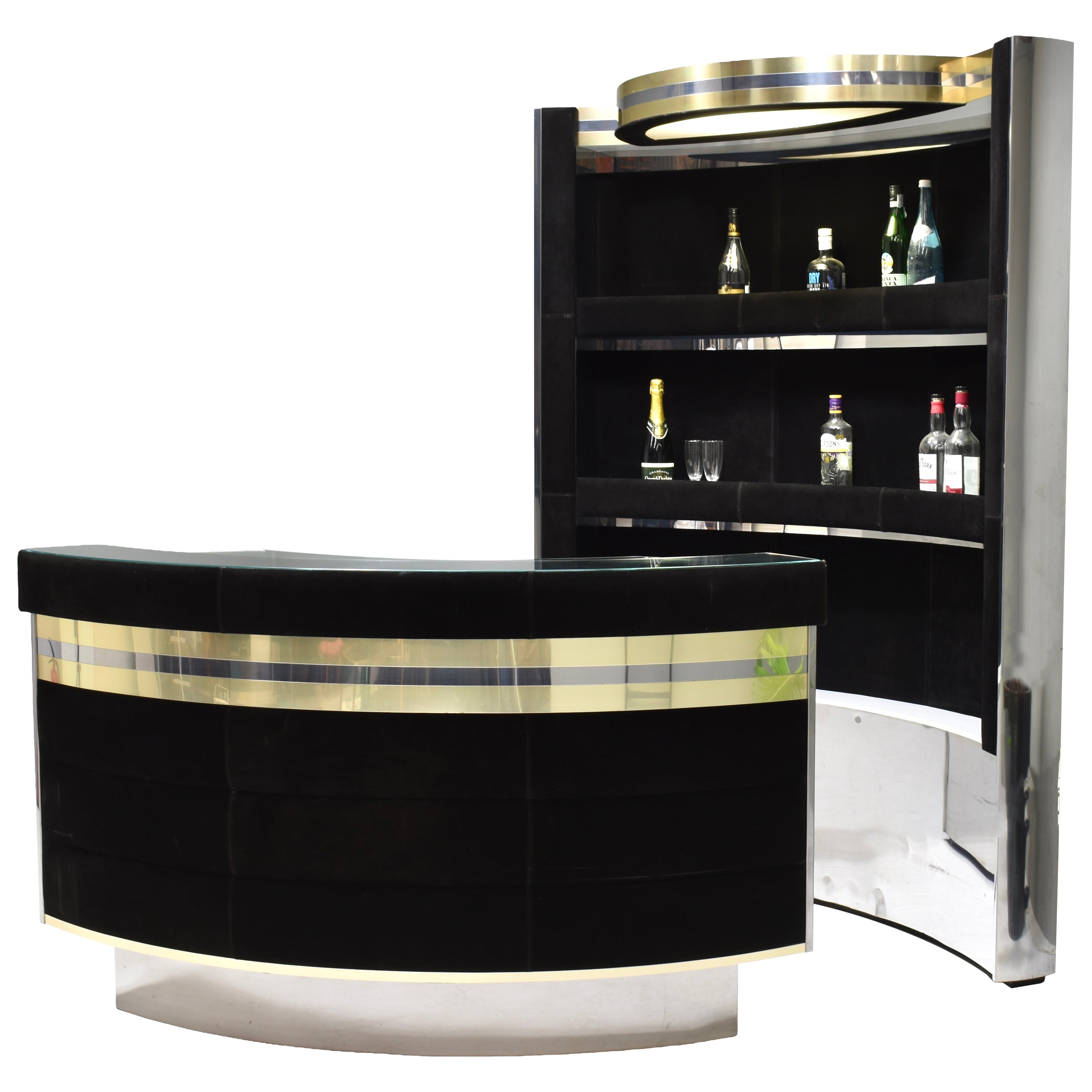 Hollywood Regency Bar in the style of Willy Rizzo Black Suede Brass Chrome 1970s For Sale