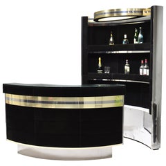 Hollywood Regency Bar in the style of Willy Rizzo Black Suede Brass Chrome 1970s