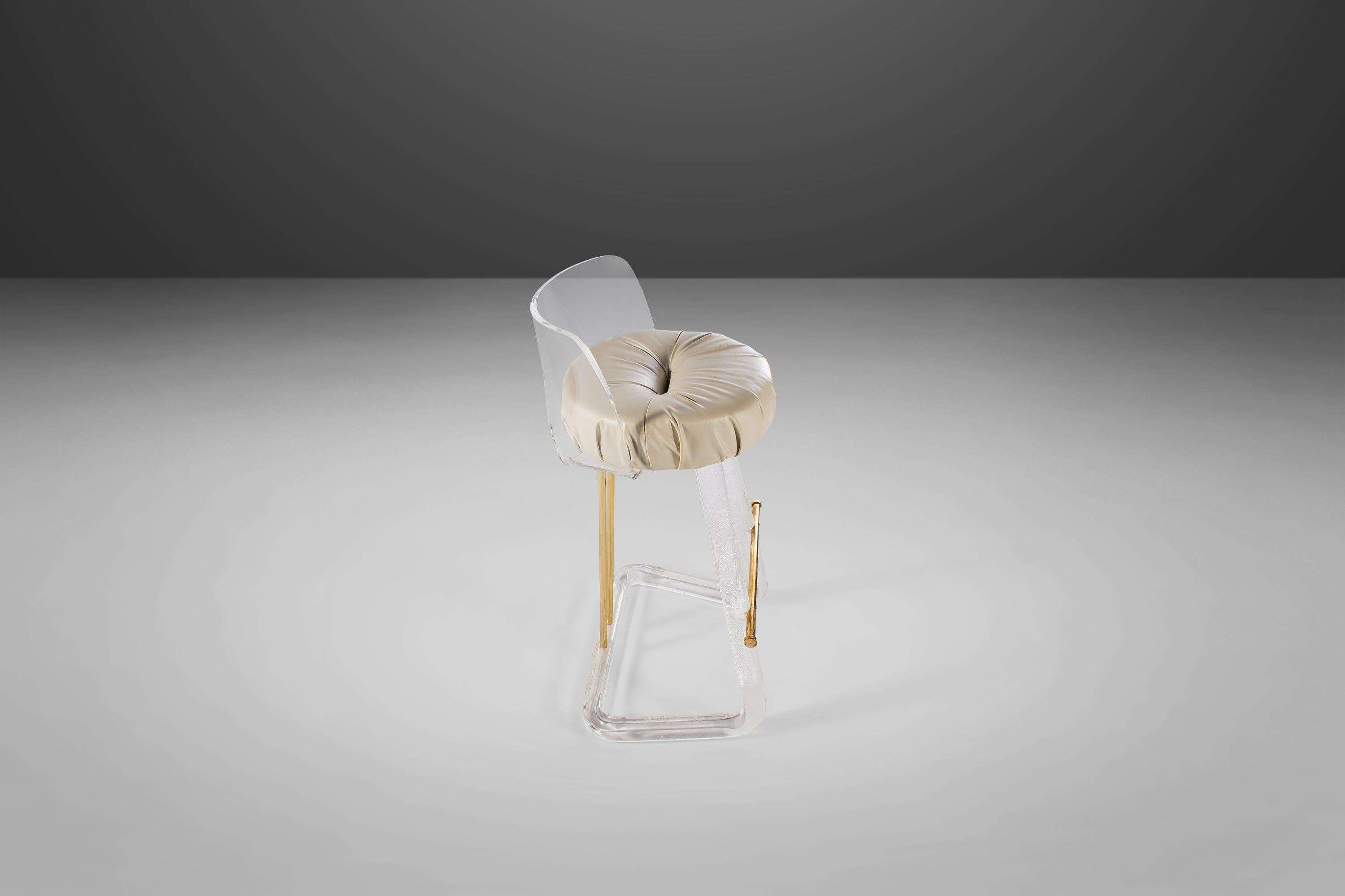 Hollywood Regency Bar Stool / Drafting Stool in Lucite & Brass Attributed to Leon Frost, c. 1970s For Sale