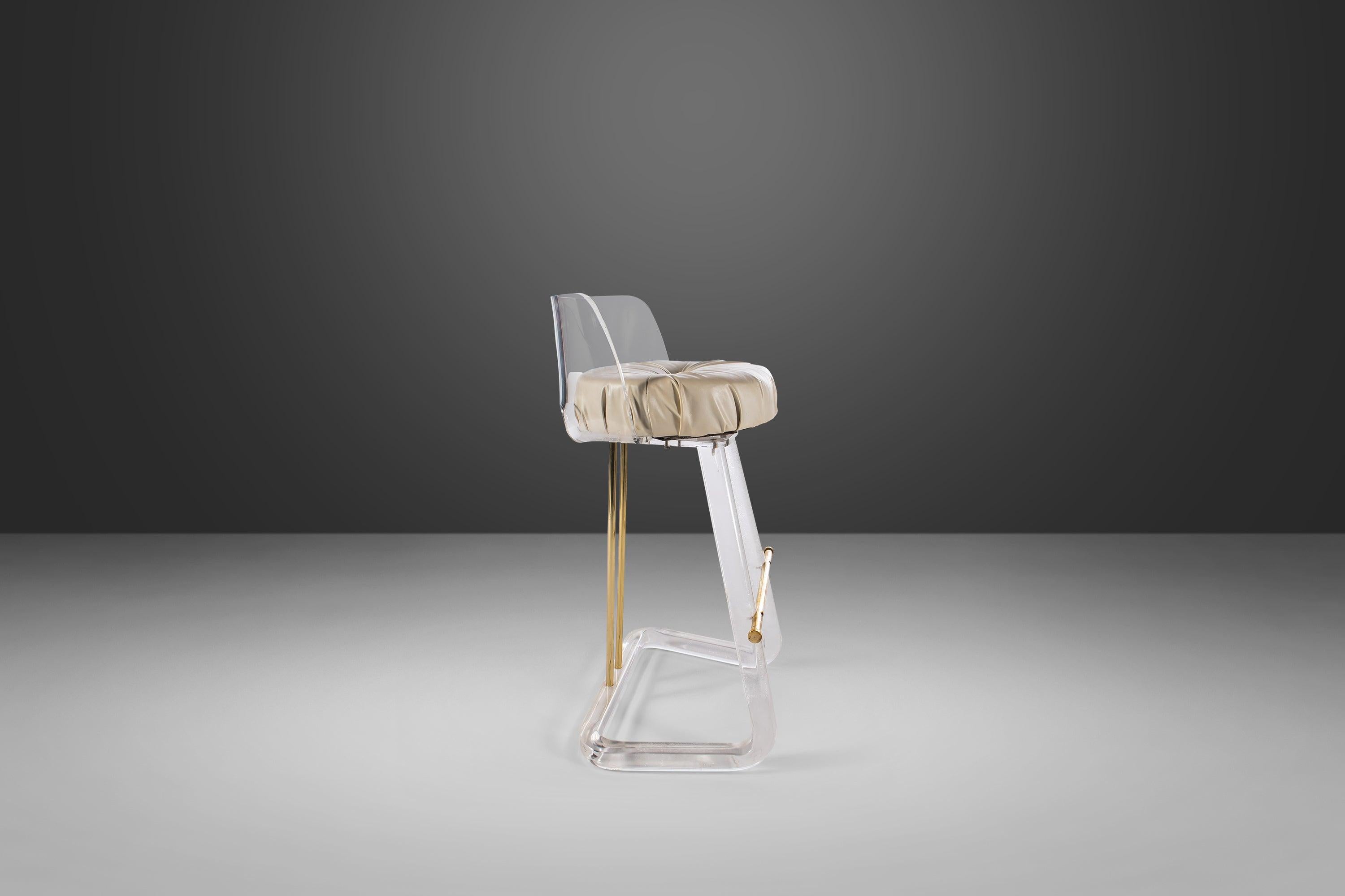 American Bar Stool / Drafting Stool in Lucite & Brass Attributed to Leon Frost, c. 1970s For Sale