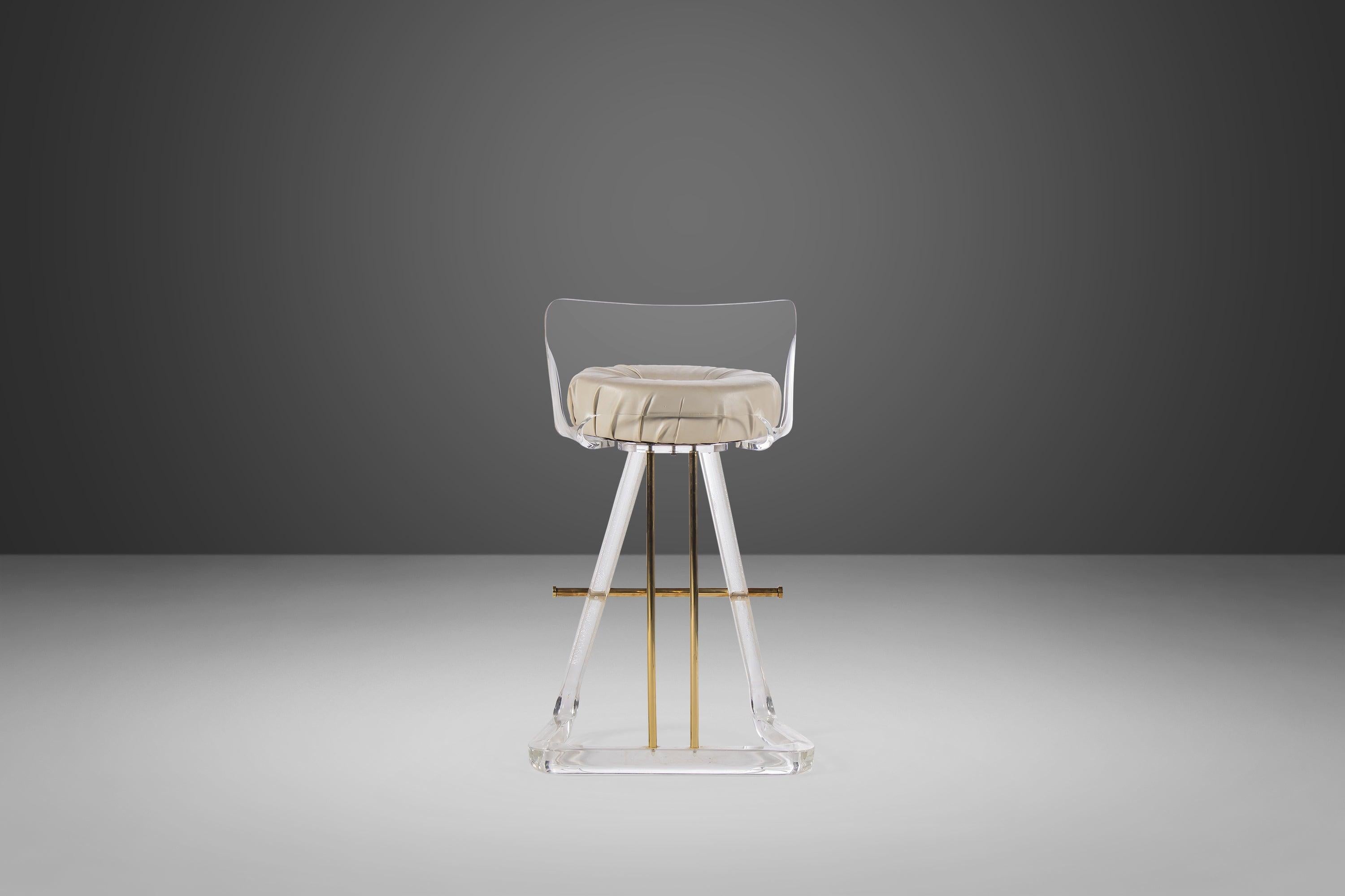 Bar Stool / Drafting Stool in Lucite & Brass Attributed to Leon Frost, c. 1970s In Good Condition For Sale In Deland, FL