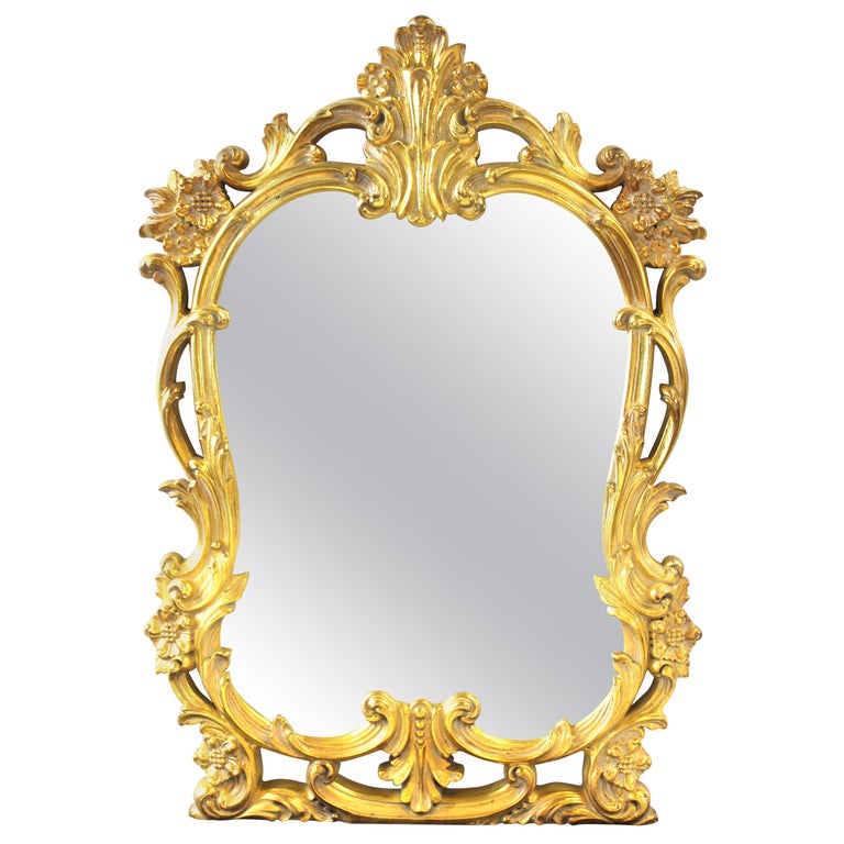 Hollywood Regency Baroque Revival Style Gold Frame Mirror.