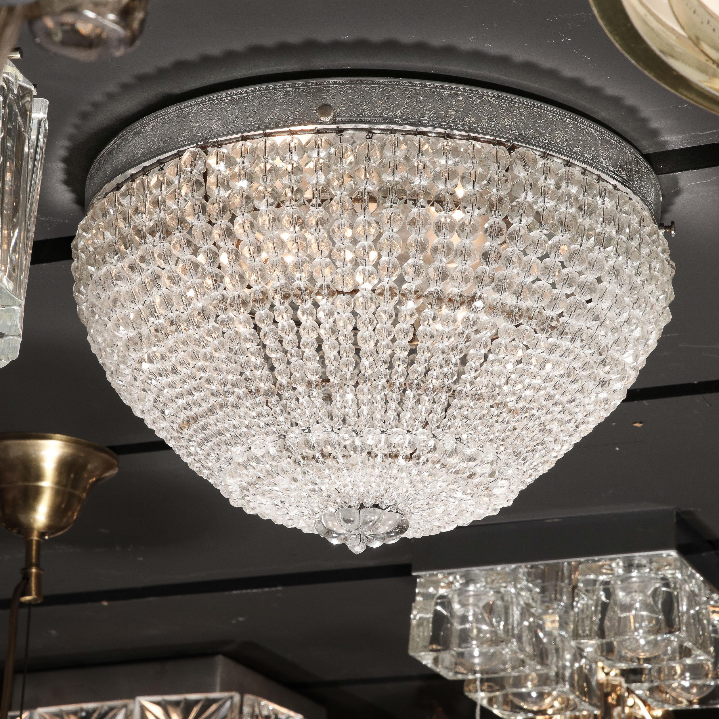 Hollywood Regency Beaded Crystal Flush Mount Chandelier With Silvered Fittings For Sale 3