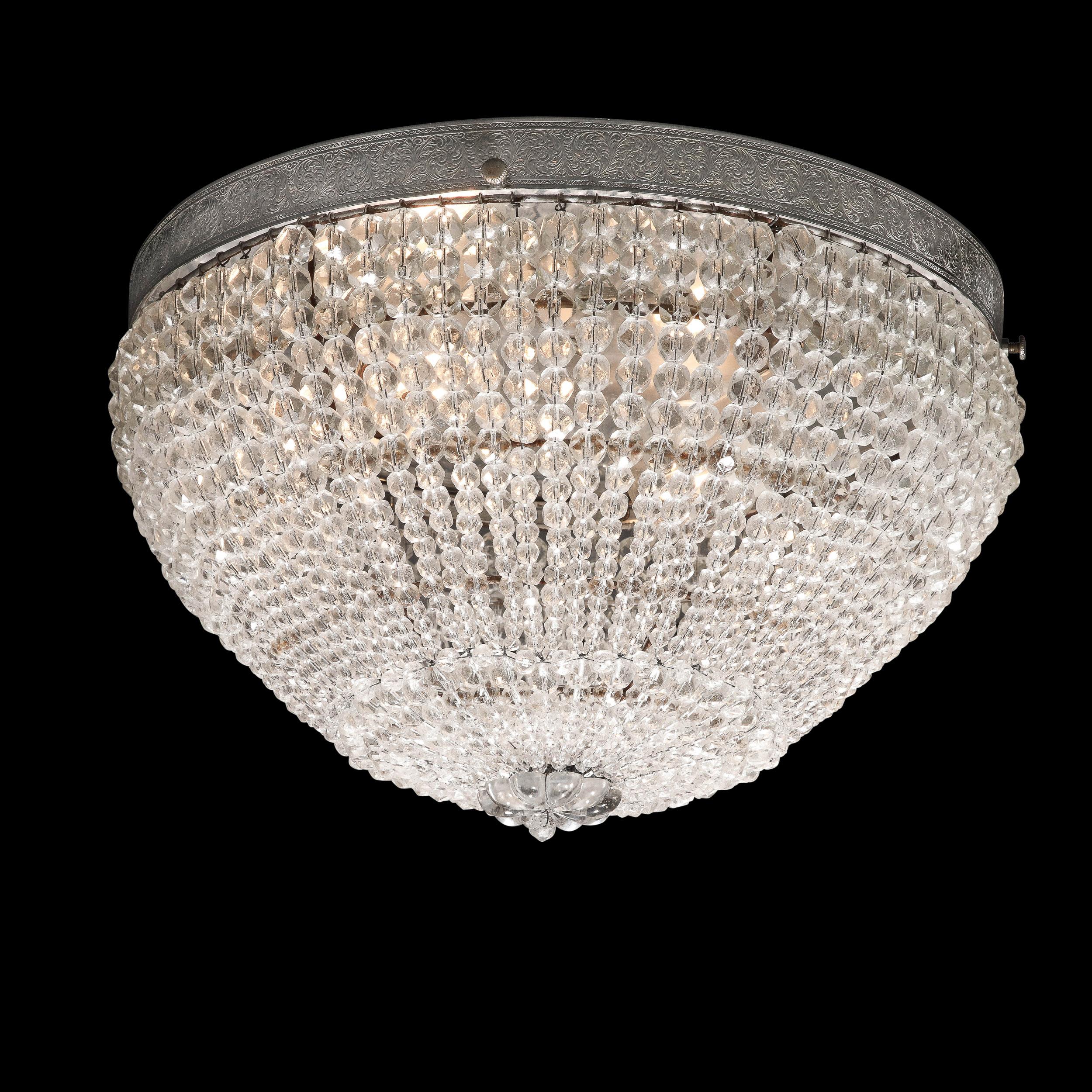 Hollywood Regency Beaded Crystal Flush Mount Chandelier With Silvered Fittings For Sale 4