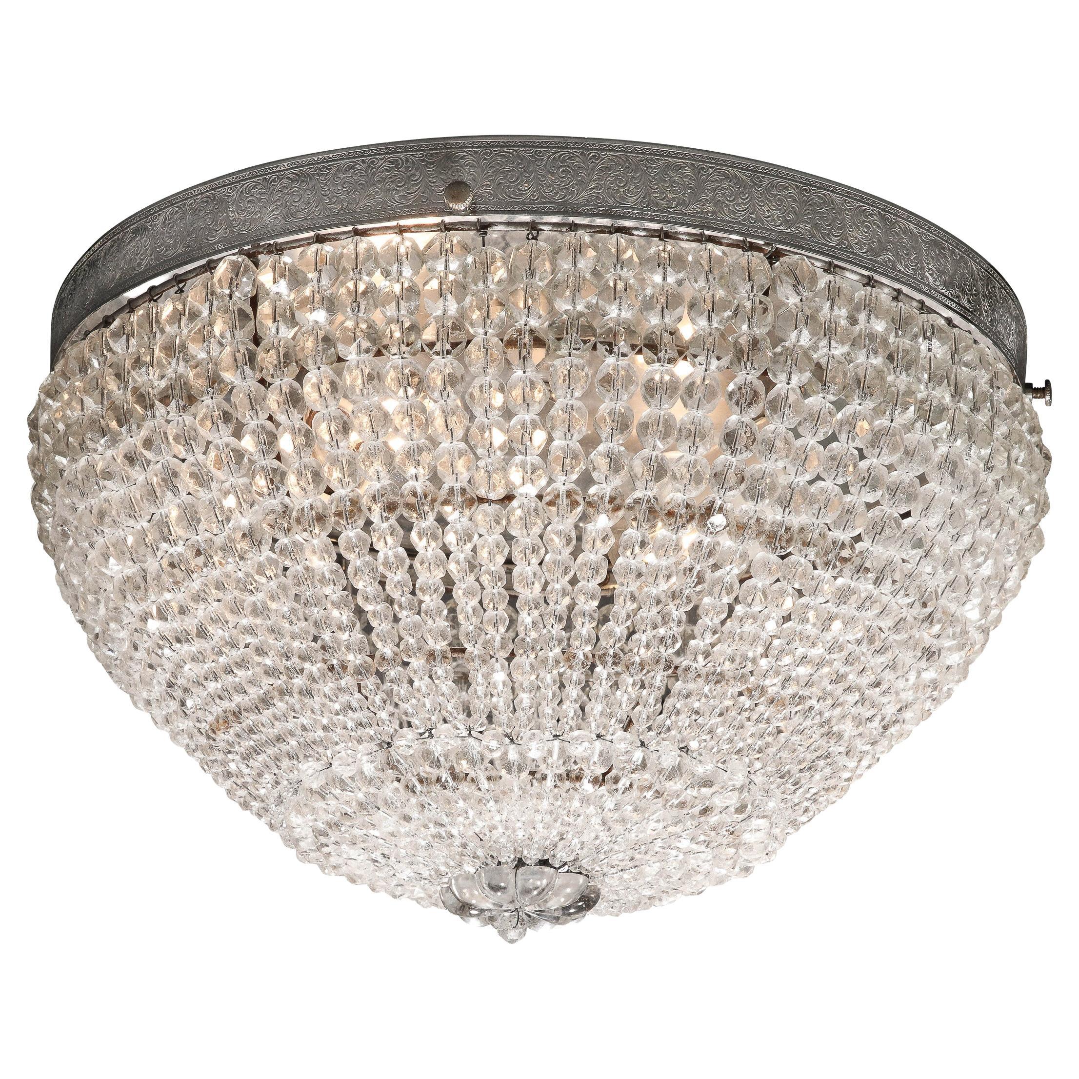 Hollywood Regency Beaded Crystal Flush Mount Chandelier With Silvered Fittings For Sale