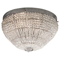 Used Hollywood Regency Beaded Crystal Flush Mount Chandelier With Silvered Fittings