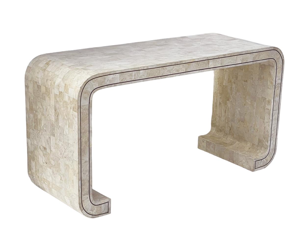 Philippine Hollywood Regency Beige Tessellated Marble Stone Waterfall Console or Sofa Table For Sale
