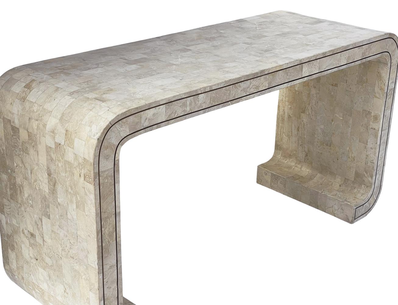 Late 20th Century Hollywood Regency Beige Tessellated Marble Stone Waterfall Console or Sofa Table For Sale