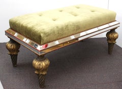 Hollywood Regency Bench in Green Velvet with Mirrored Frame, Carved & Gilt Legs