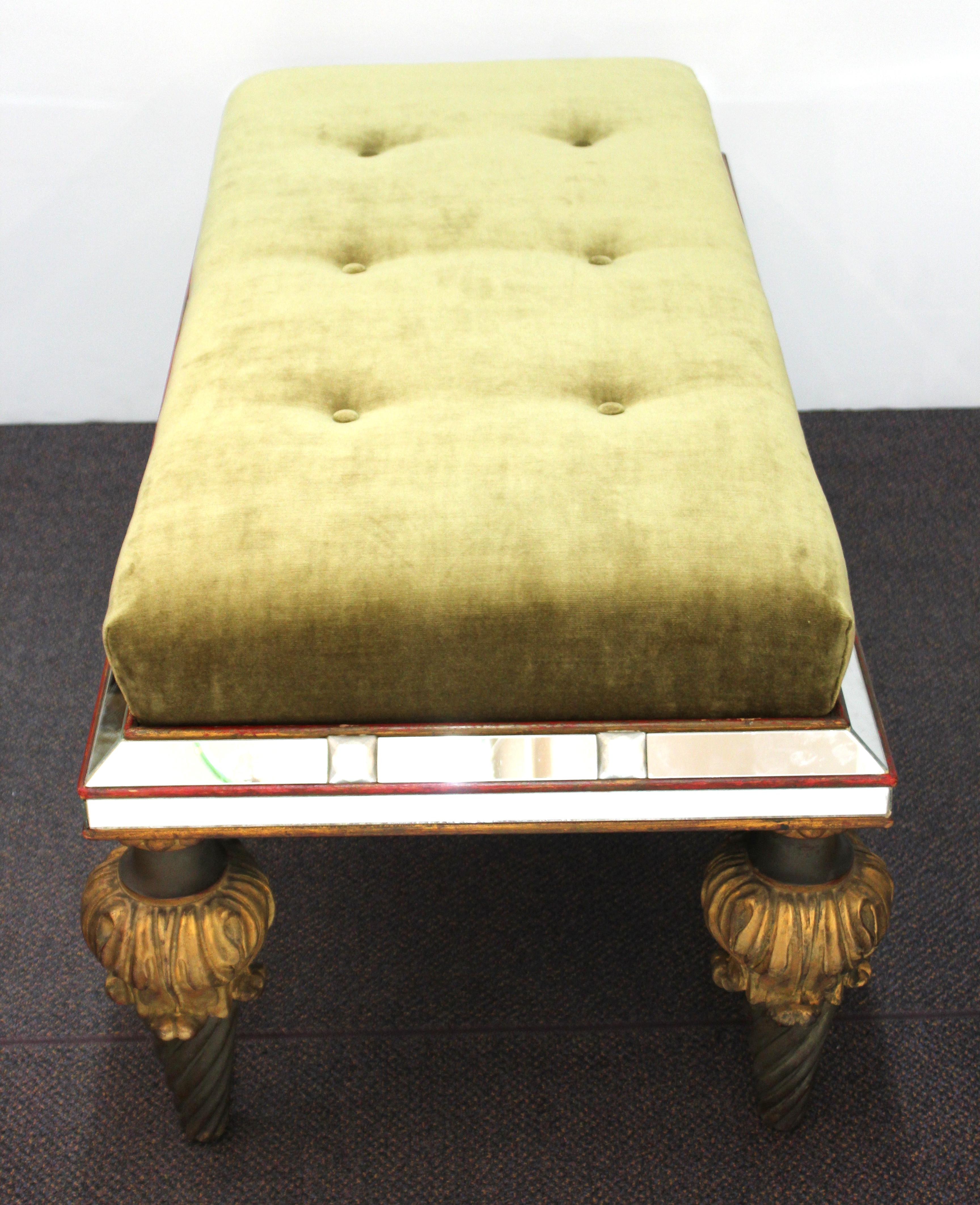 Hollywood Regency Bench in Green Velvet with Mirrored Frame, Carved & Gilt Legs In Good Condition In New York, NY