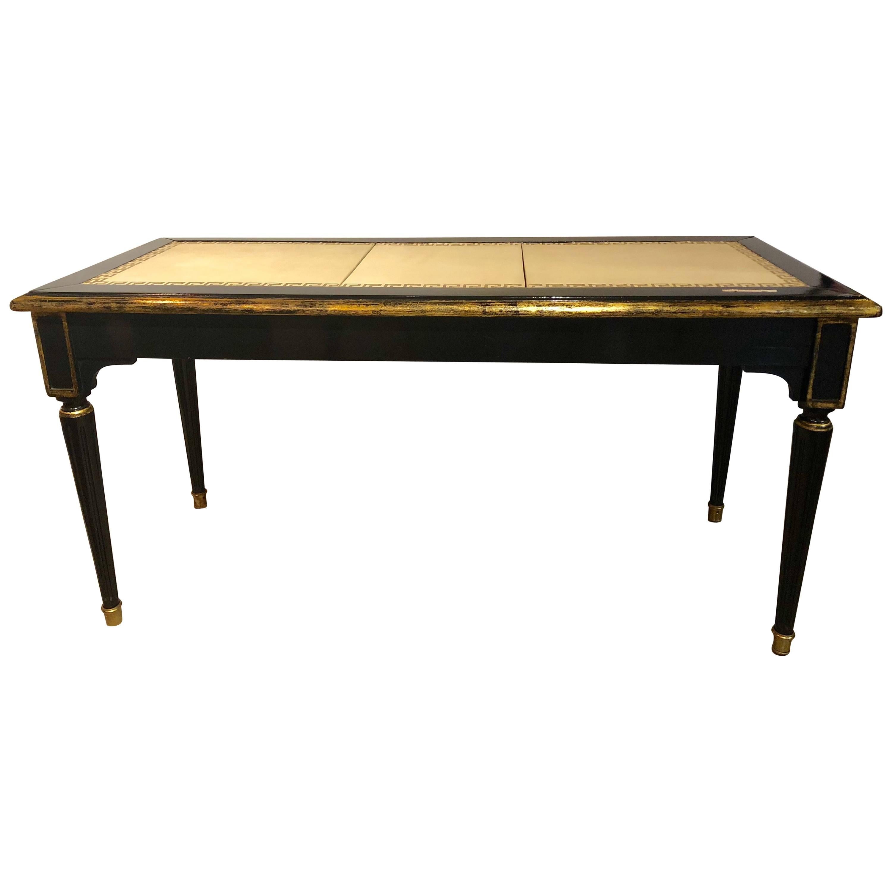 Hollywood Regency, Bench, Table, Black Lacquer Wood, Gold Greek Key, Tan Leather For Sale