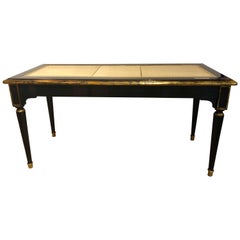 Hollywood Regency, Bank, Tisch, schwarzer Lackholz, goldener griechischer Schlüssel, hellbraunes Leder