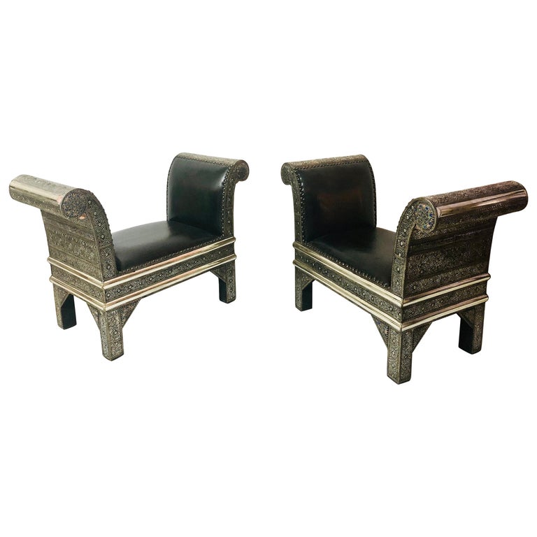 Hollywood Regency Benches Settees Chairs In White Brass And