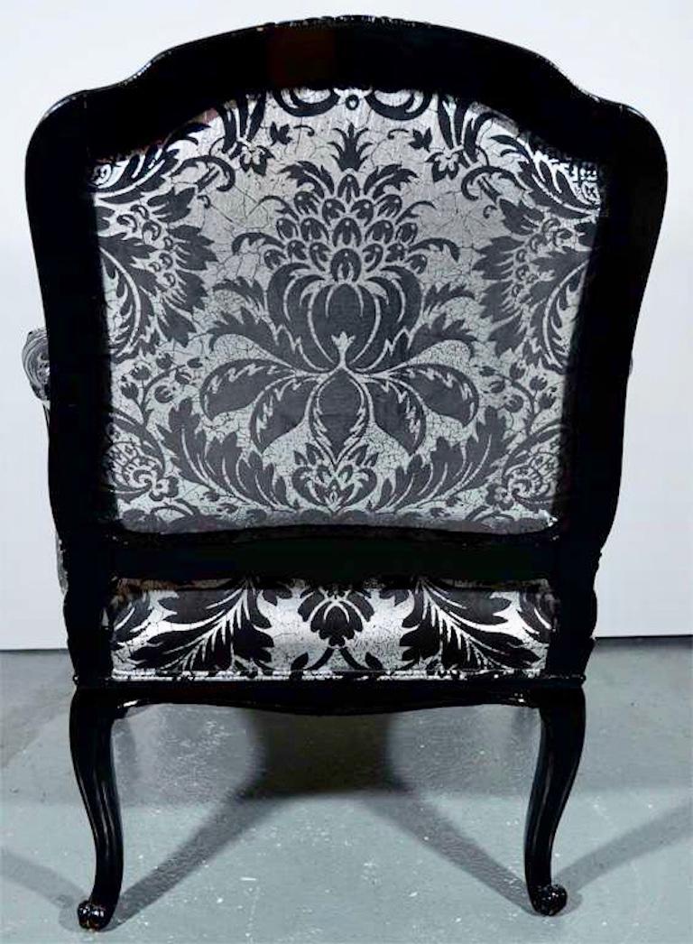 Louis XV Armchair in Black Lacquer and Embossed Silvered Velvet For Sale 2